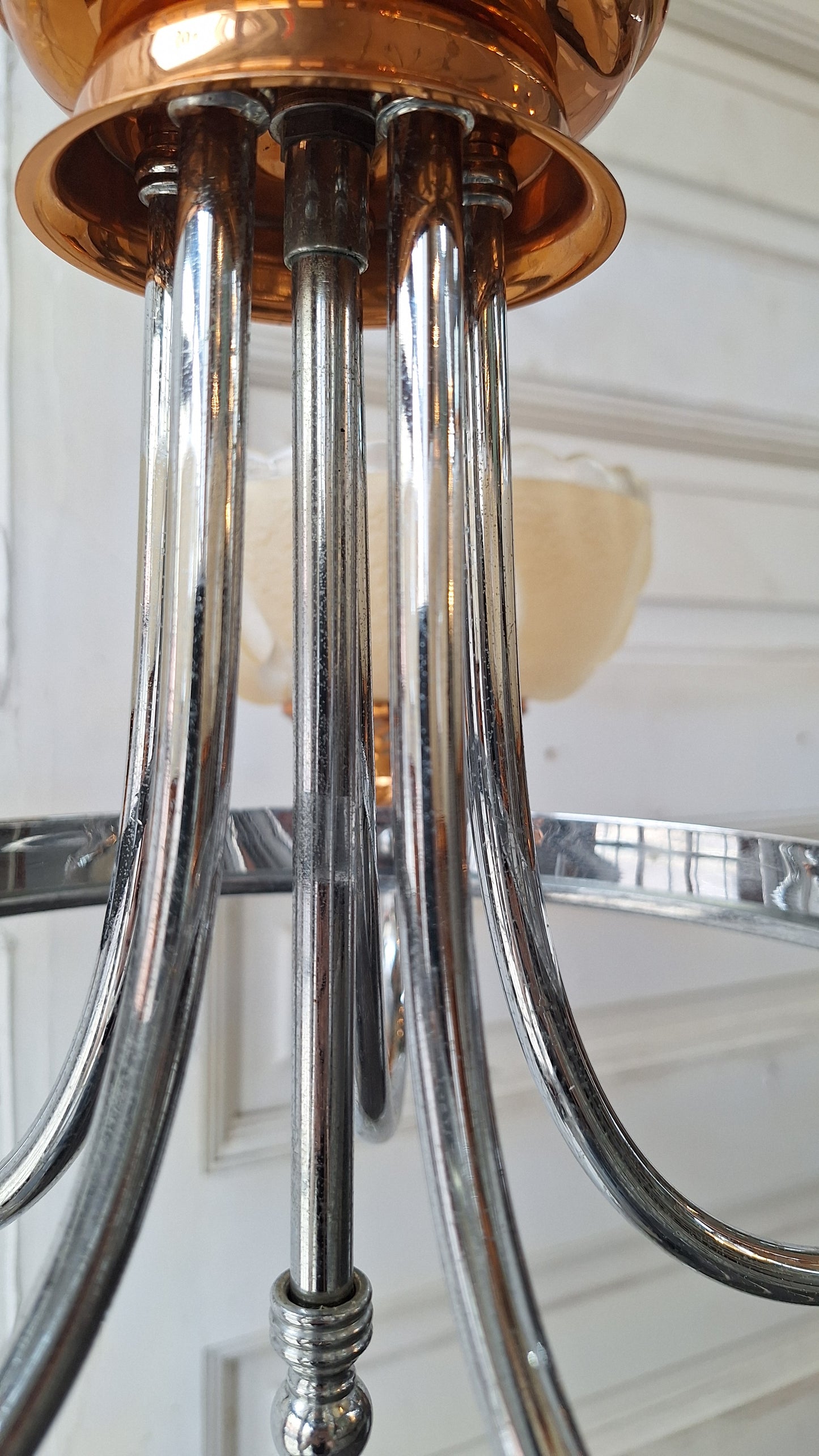 Slip Shade Chandelier, Copper and Nickel Art Deco Light