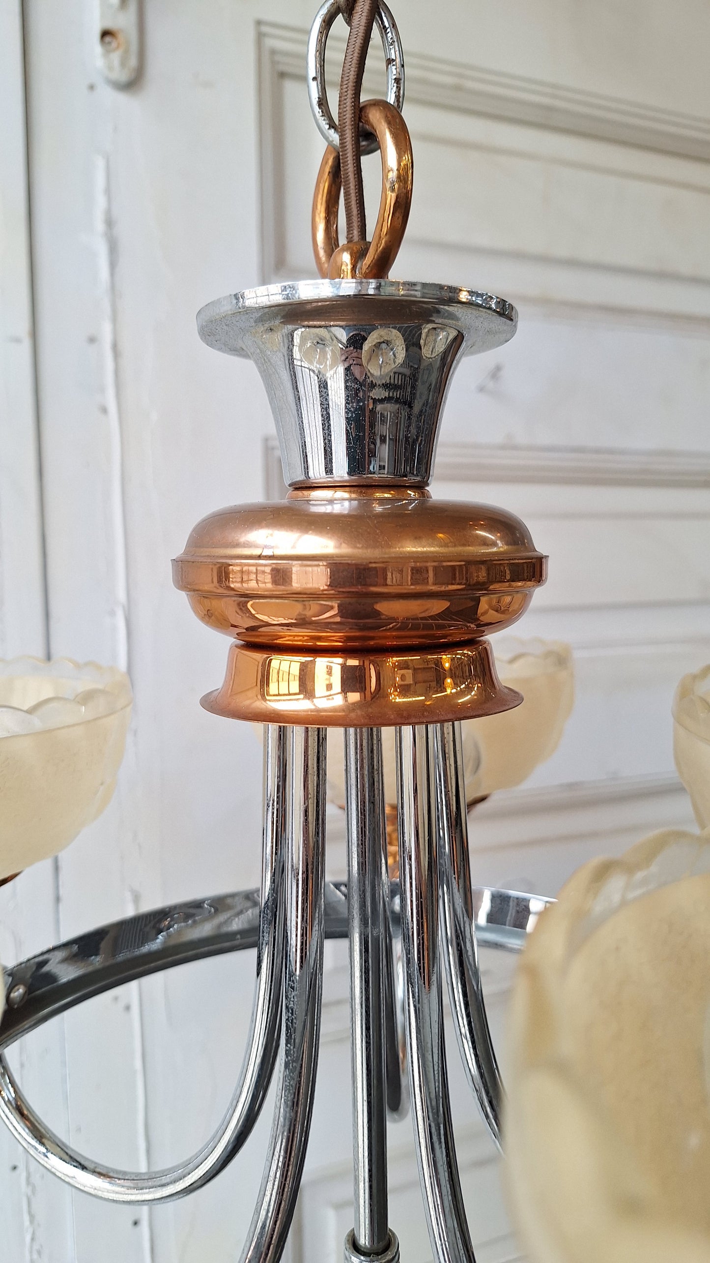 Slip Shade Chandelier, Copper and Nickel Art Deco Light