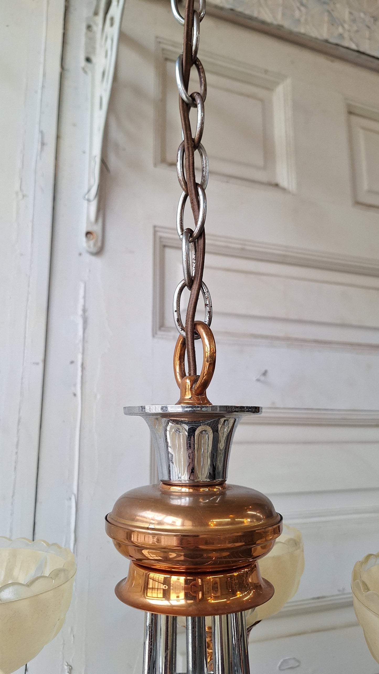 Slip Shade Chandelier, Copper and Nickel Art Deco Light
