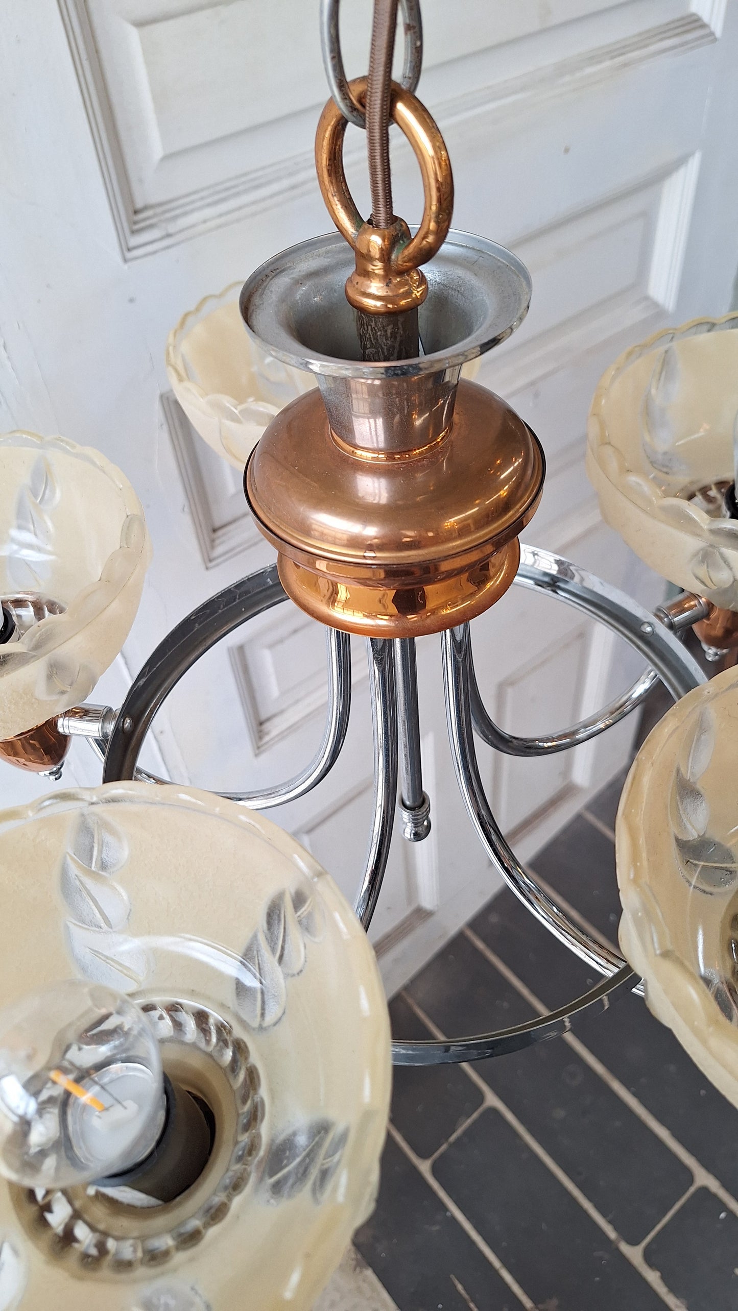 Slip Shade Chandelier, Copper and Nickel Art Deco Light