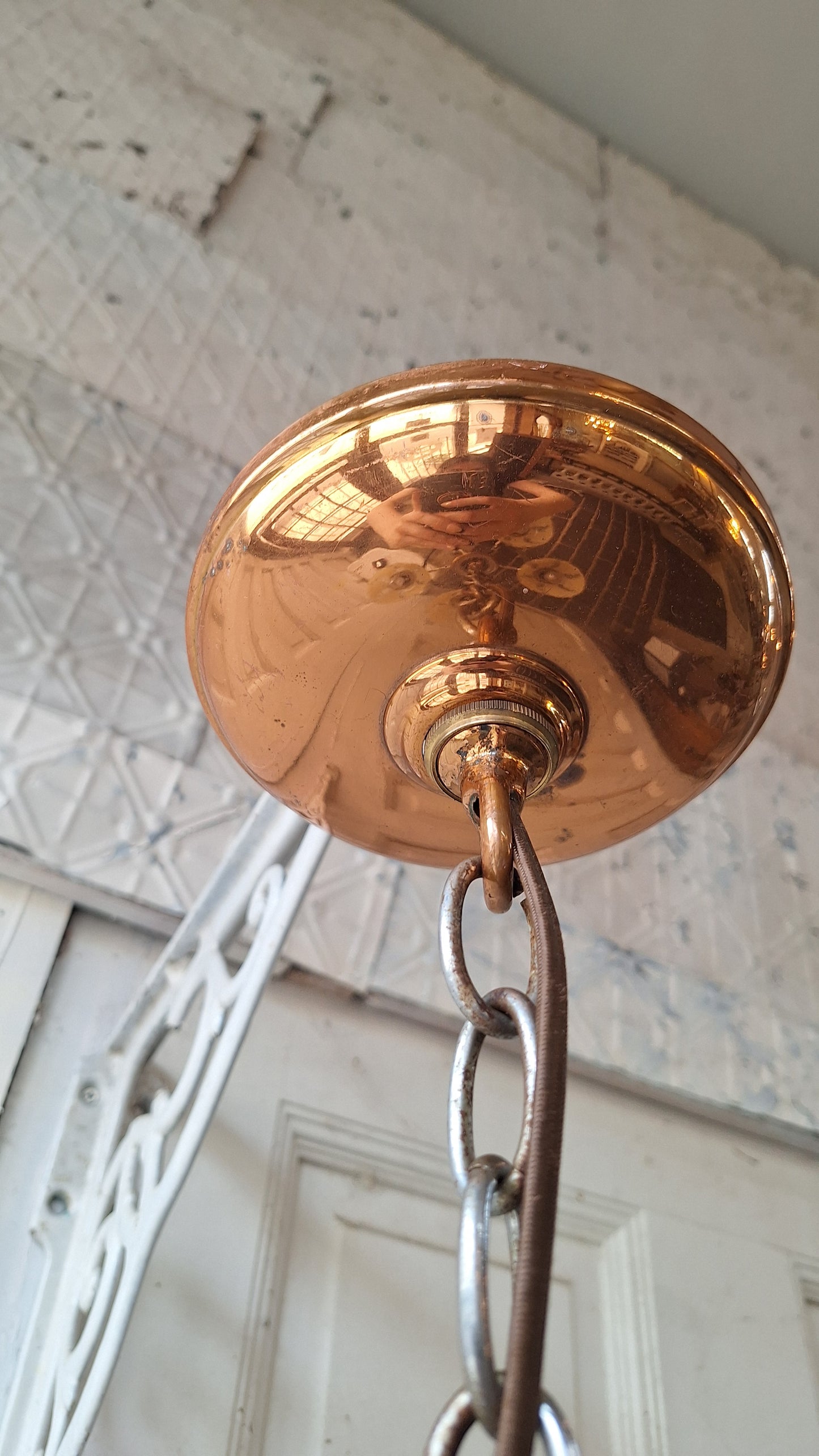 Slip Shade Chandelier, Copper and Nickel Art Deco Light
