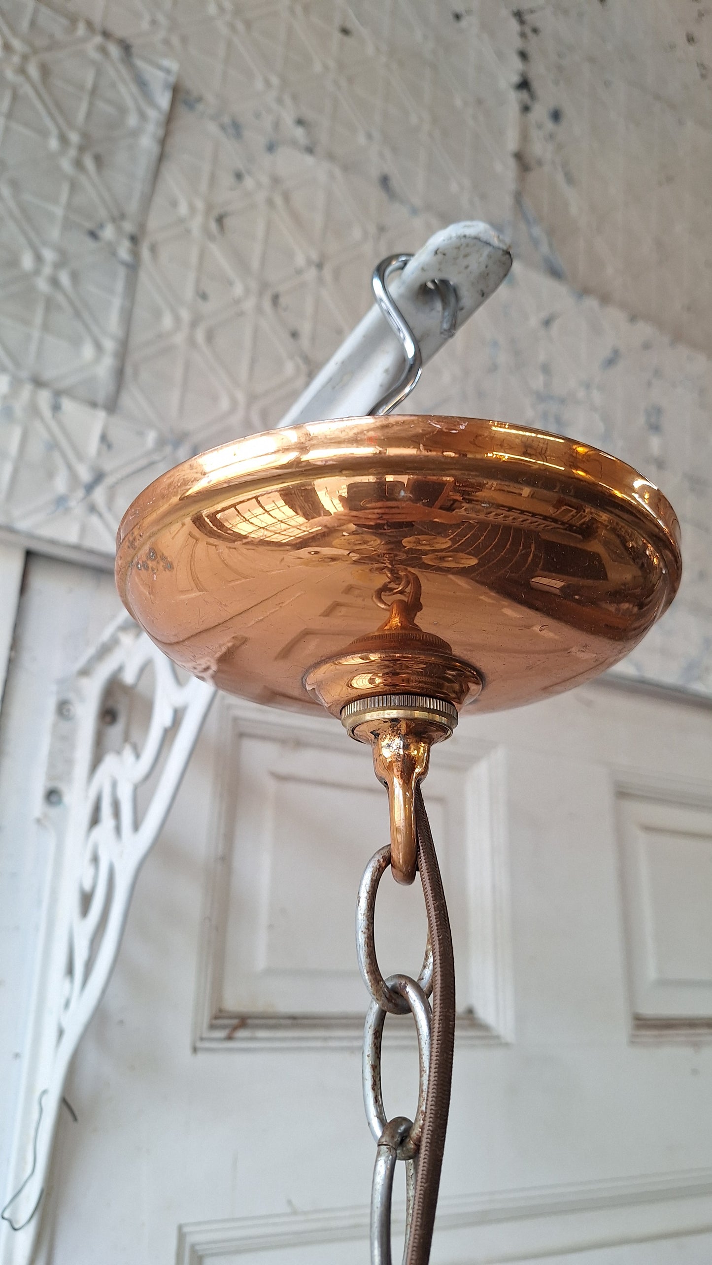 Slip Shade Chandelier, Copper and Nickel Art Deco Light