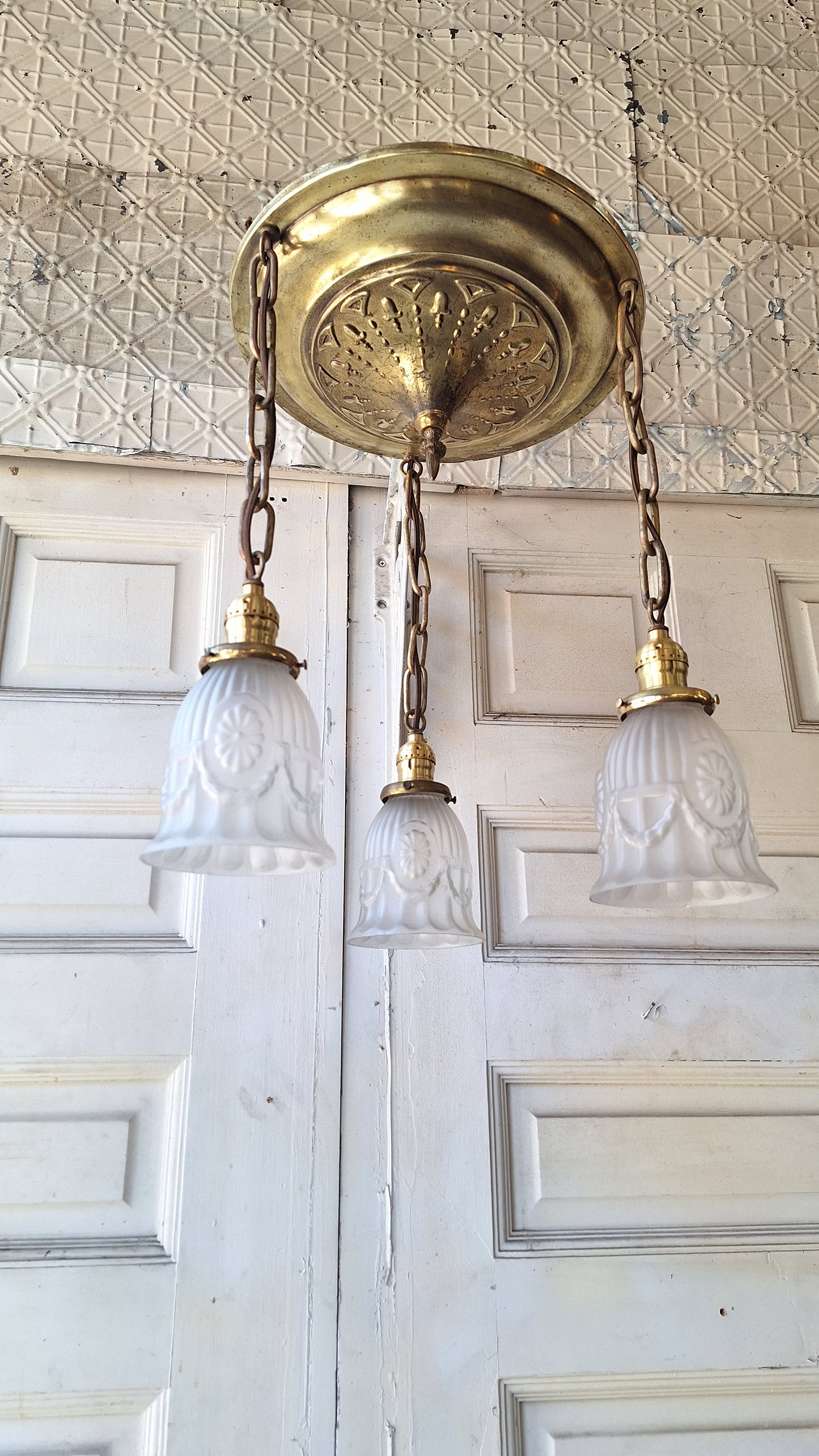 Antique Brass Pan Light: Sheffield Style Gold Ceiling Light with Frosted Glass