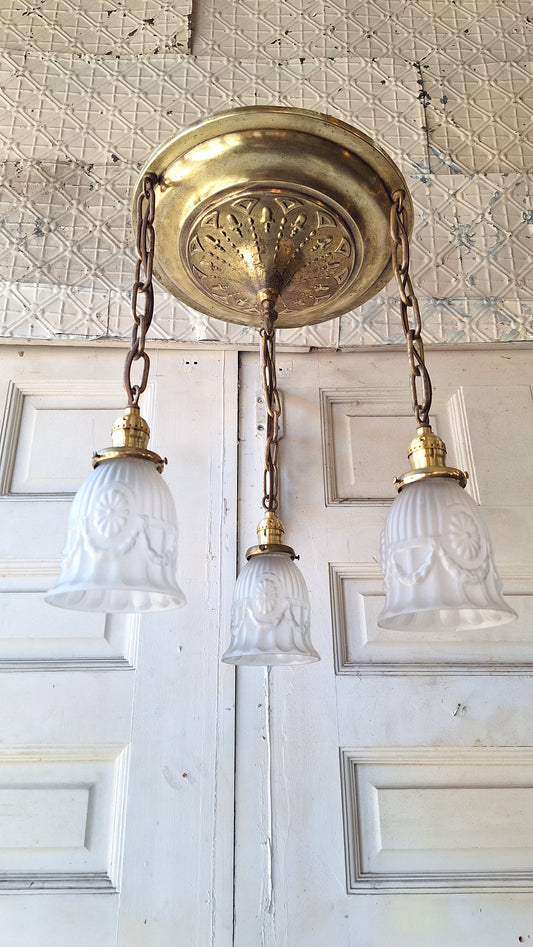 Antique Brass Pan Light: Sheffield Style Gold Ceiling Light with Frosted Glass