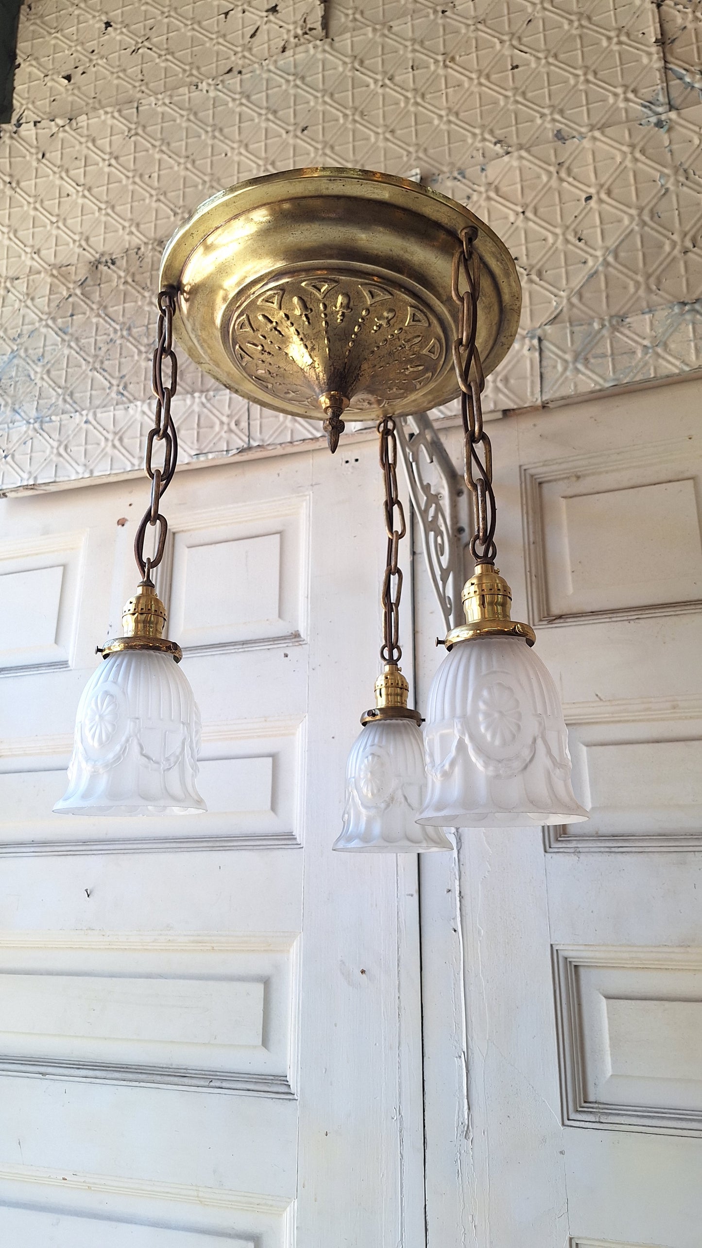Antique Brass Pan Light: Sheffield Style Gold Ceiling Light with Frosted Glass