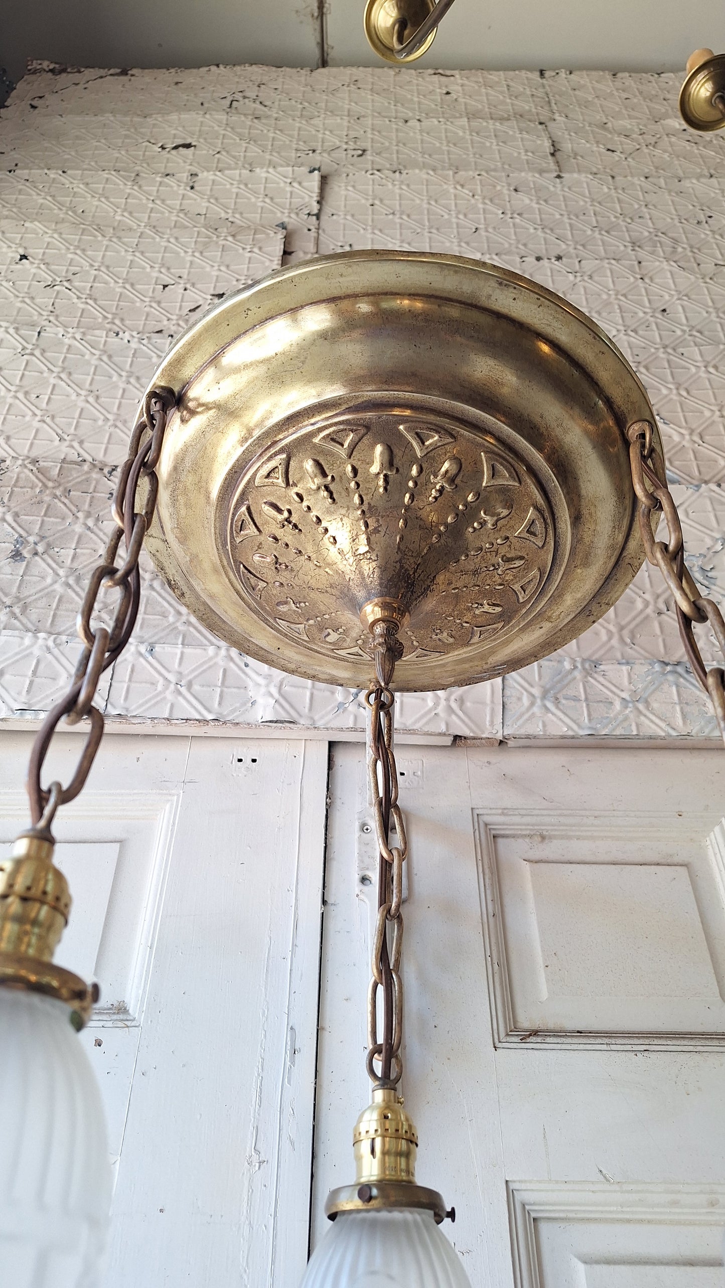 Antique Brass Pan Light: Sheffield Style Gold Ceiling Light with Frosted Glass