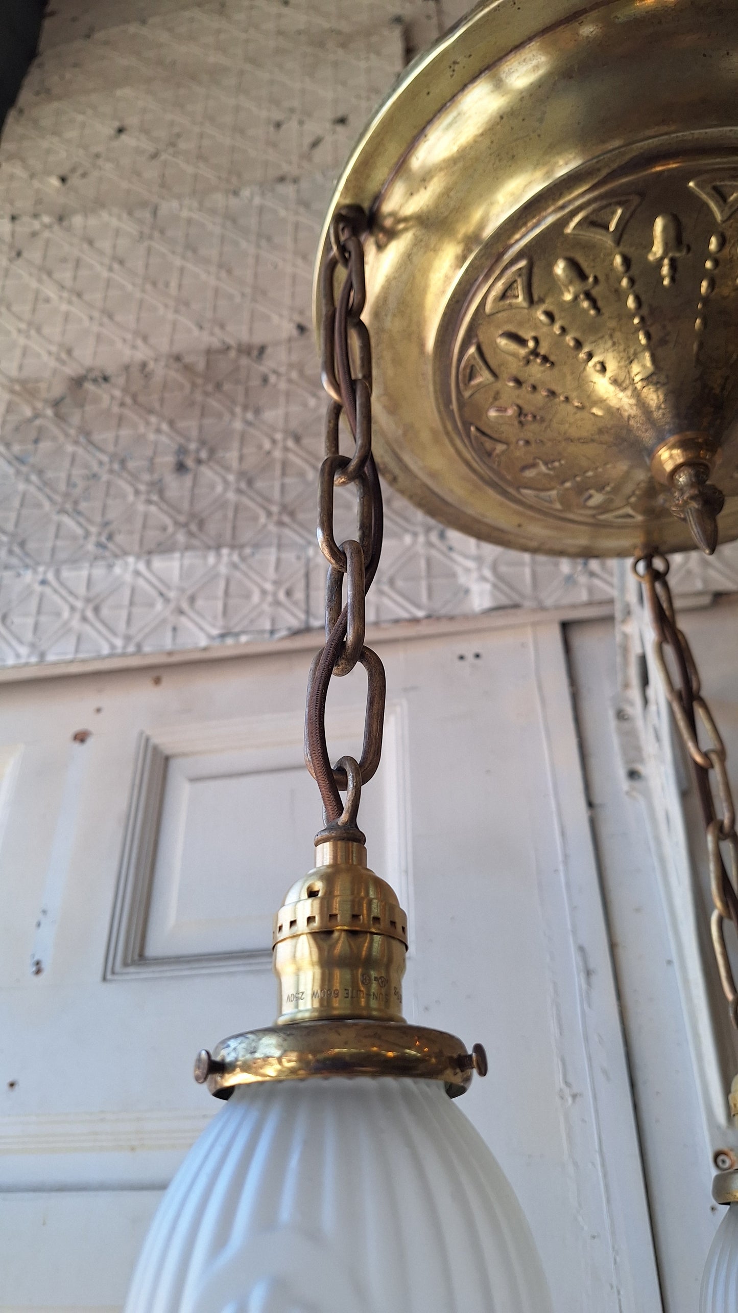 Antique Brass Pan Light: Sheffield Style Gold Ceiling Light with Frosted Glass