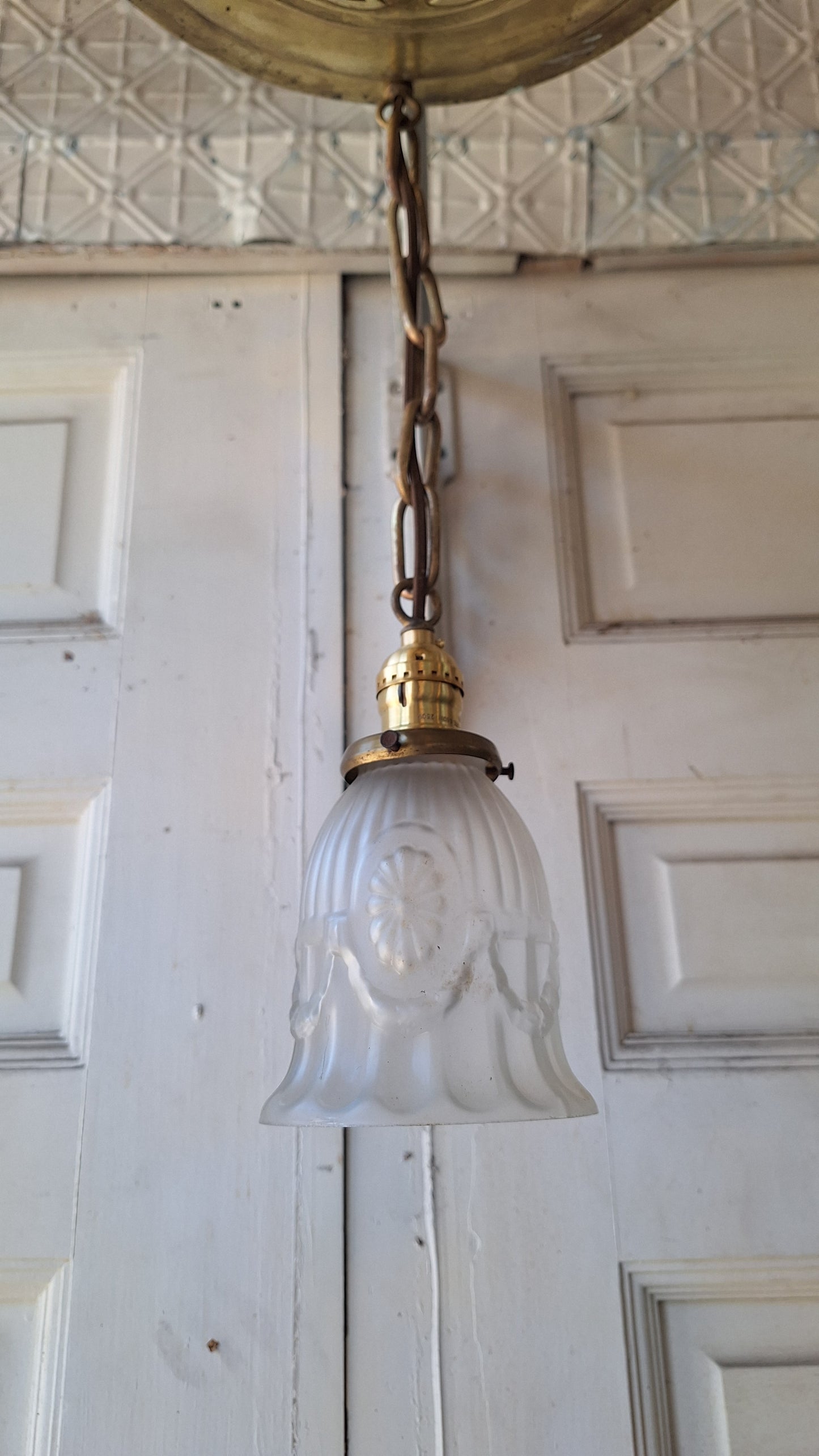 Antique Brass Pan Light: Sheffield Style Gold Ceiling Light with Frosted Glass