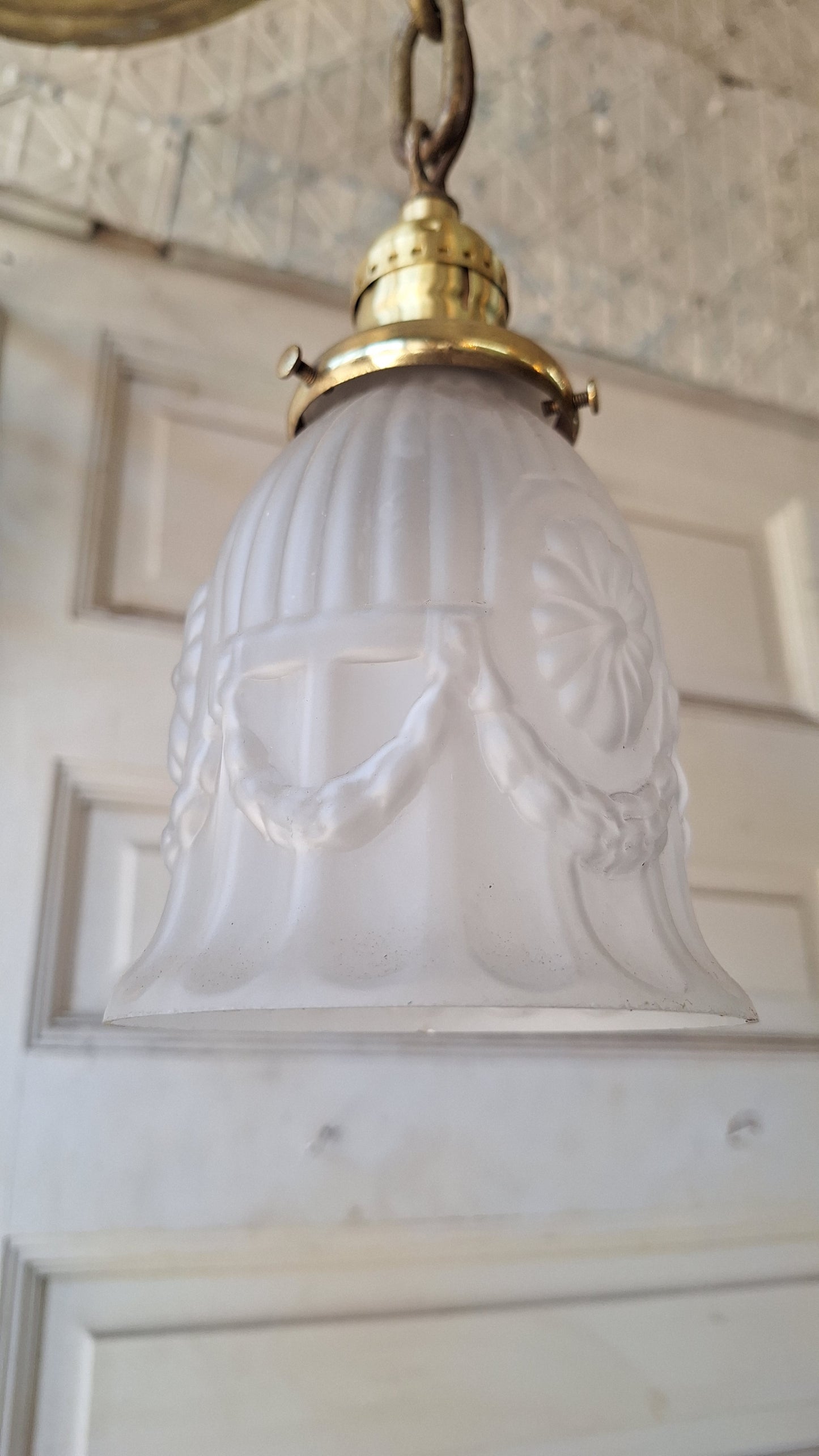 Antique Brass Pan Light: Sheffield Style Gold Ceiling Light with Frosted Glass