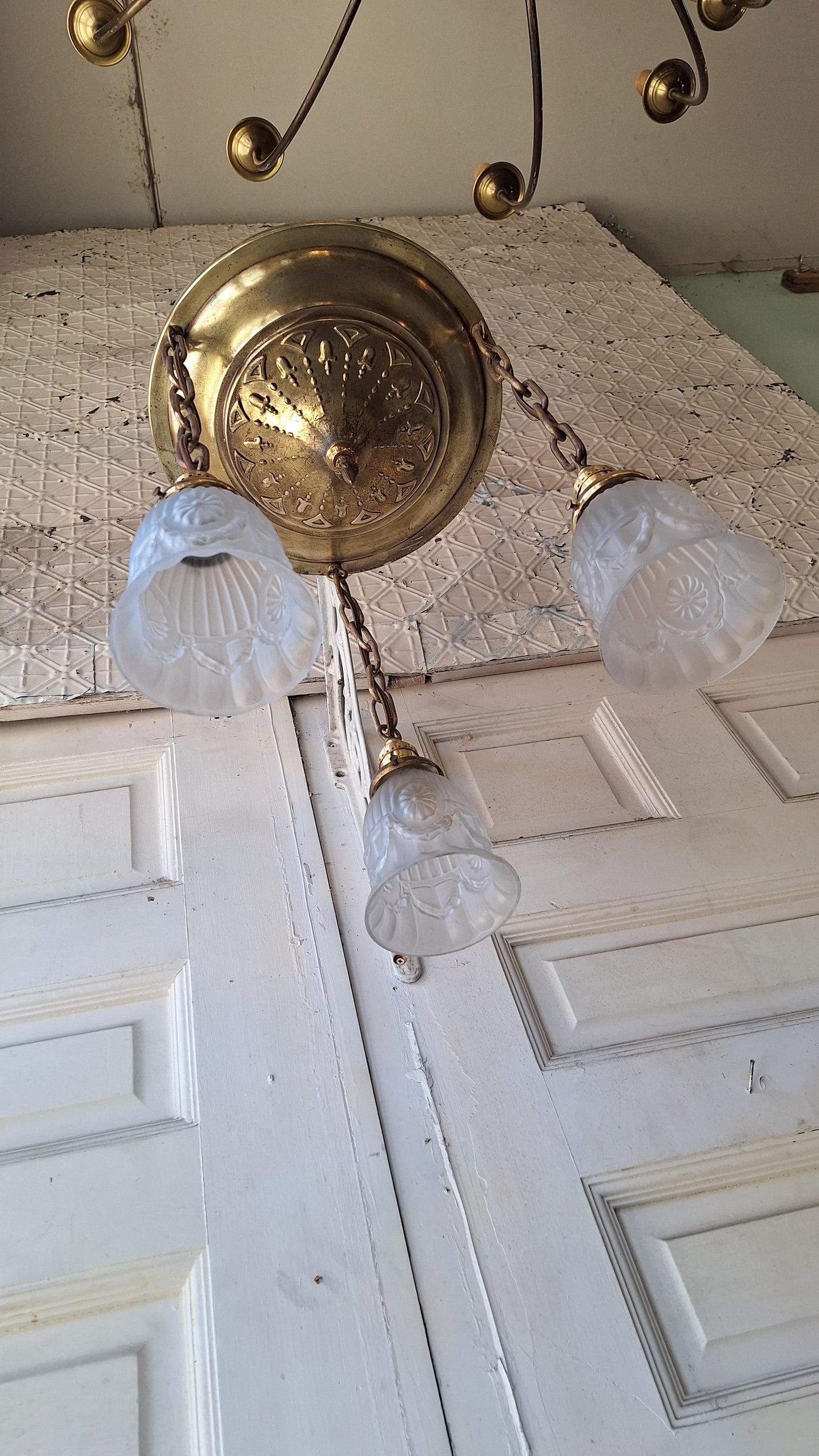 Antique Brass Pan Light: Sheffield Style Gold Ceiling Light with Frosted Glass