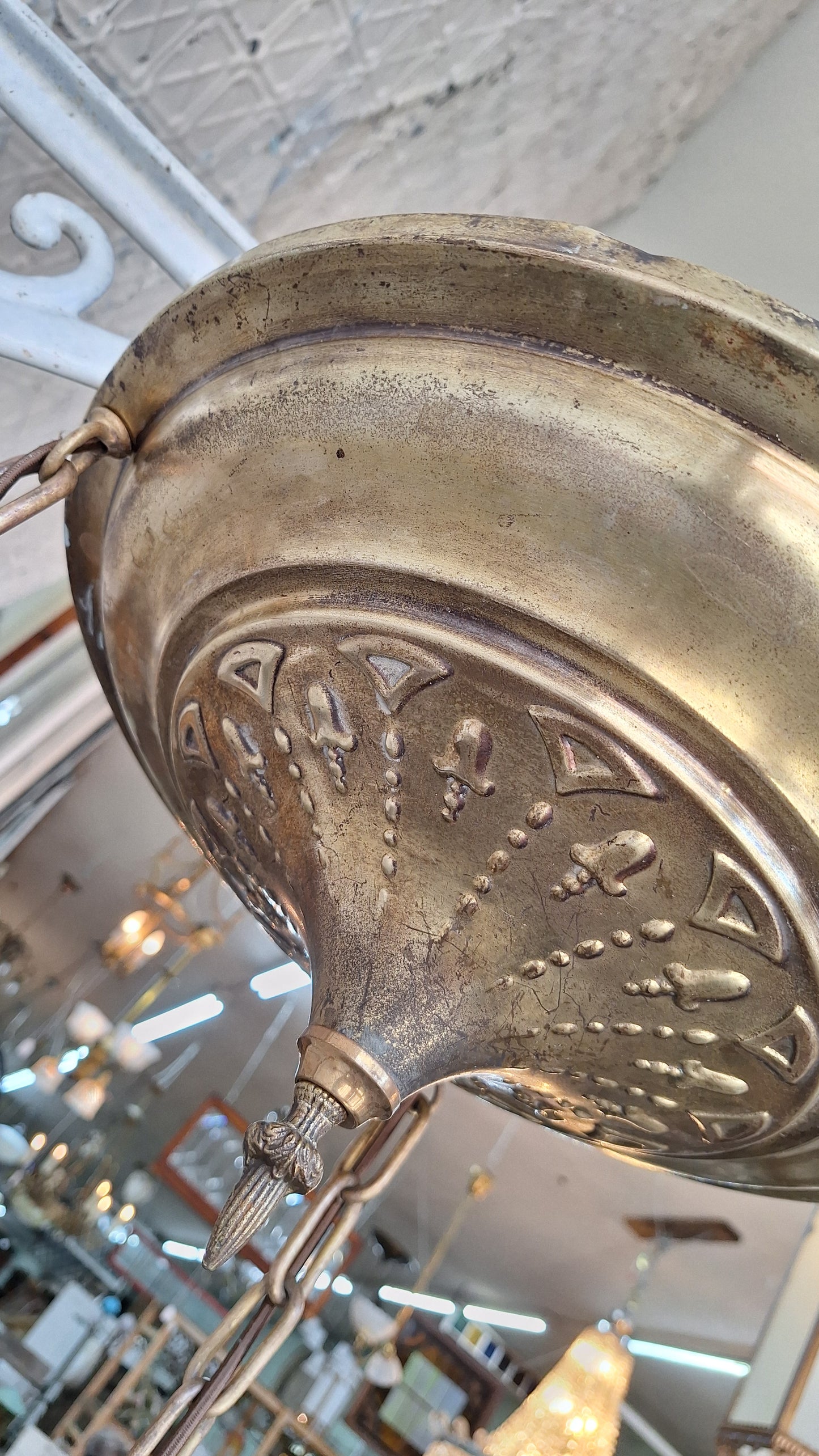 Antique Brass Pan Light: Sheffield Style Gold Ceiling Light with Frosted Glass
