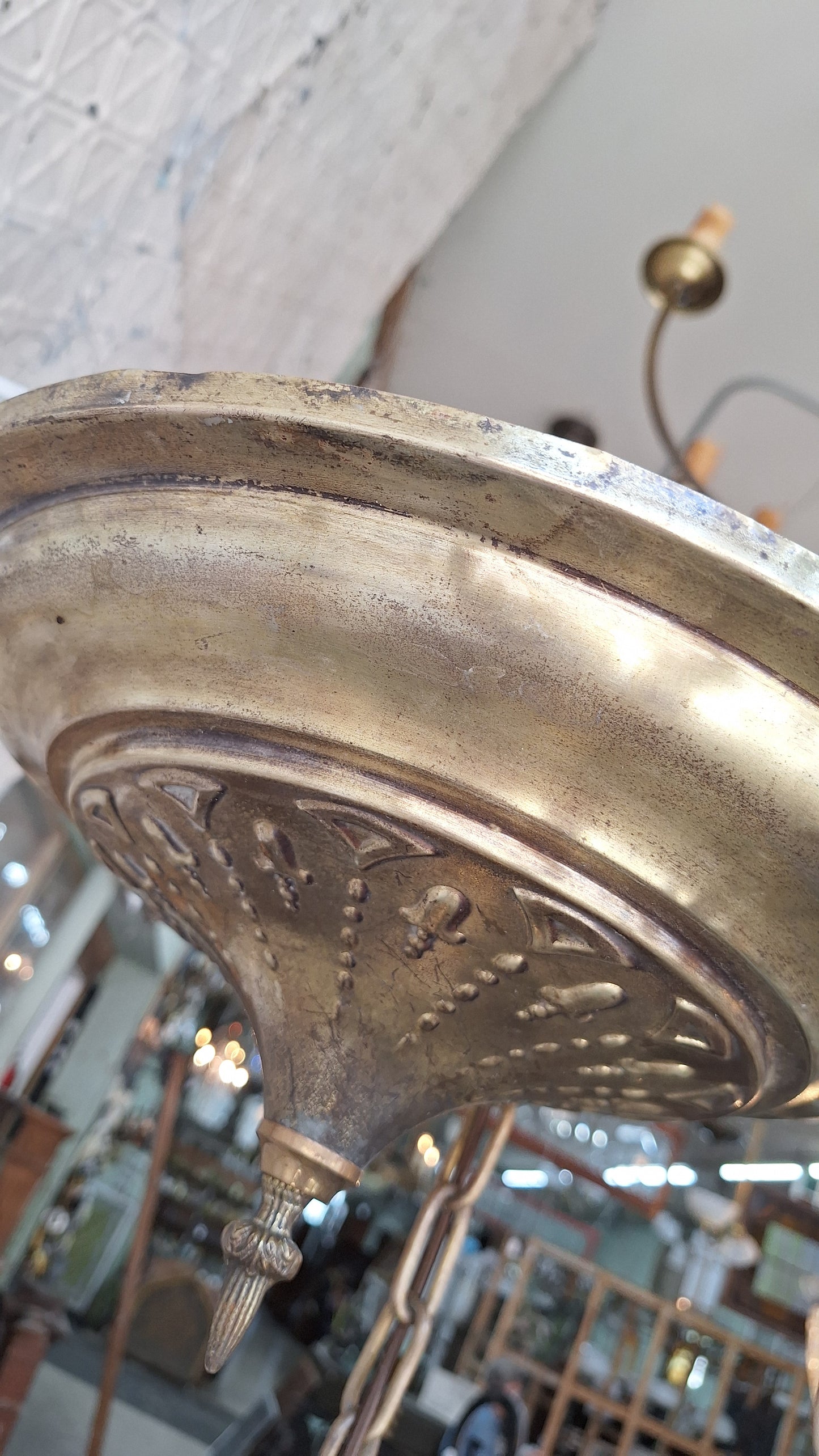 Antique Brass Pan Light: Sheffield Style Gold Ceiling Light with Frosted Glass