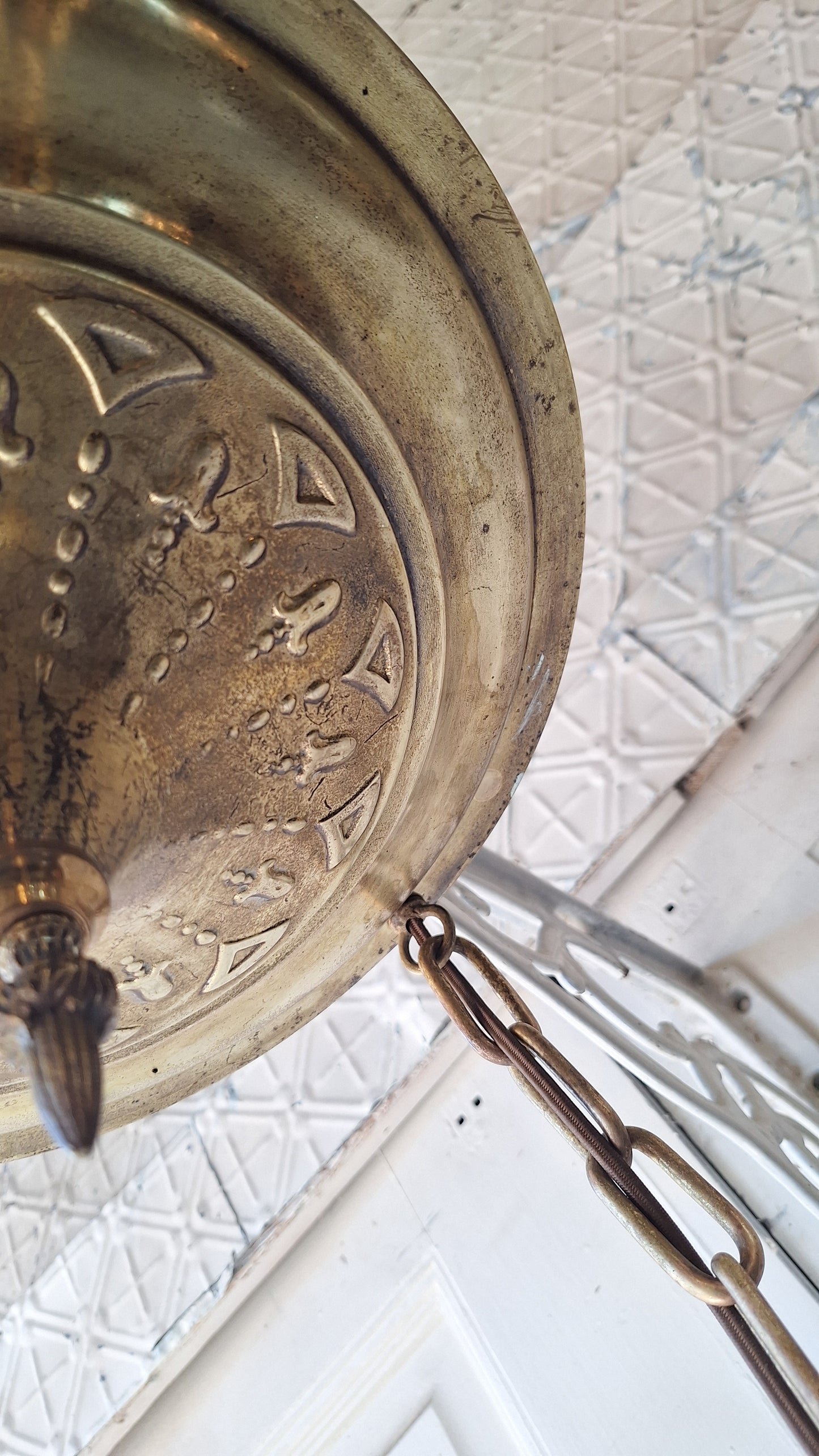 Antique Brass Pan Light: Sheffield Style Gold Ceiling Light with Frosted Glass