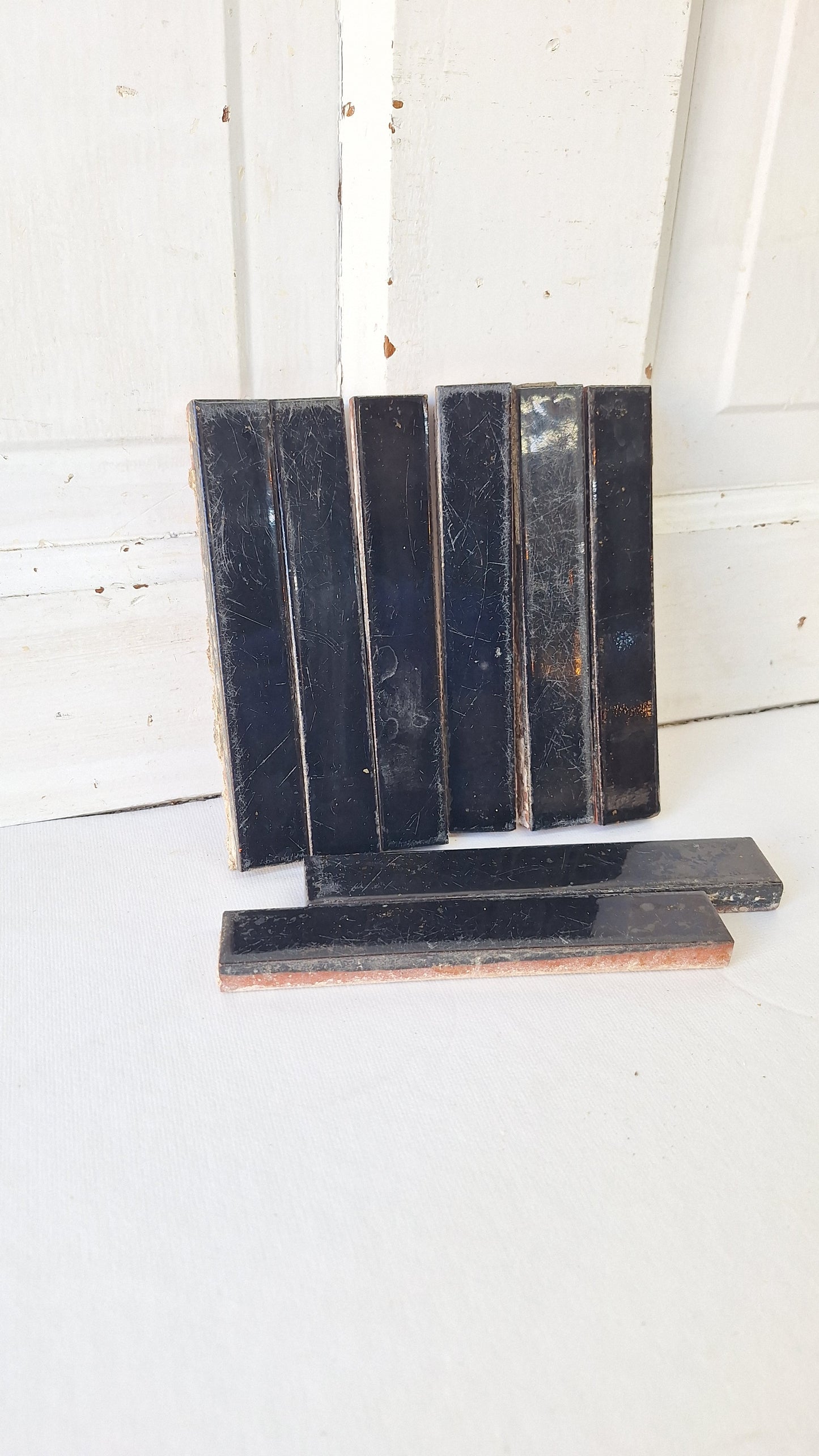 8 Antique Black Fireplace Tiles, Victorian Hearth Border Accent Tiles