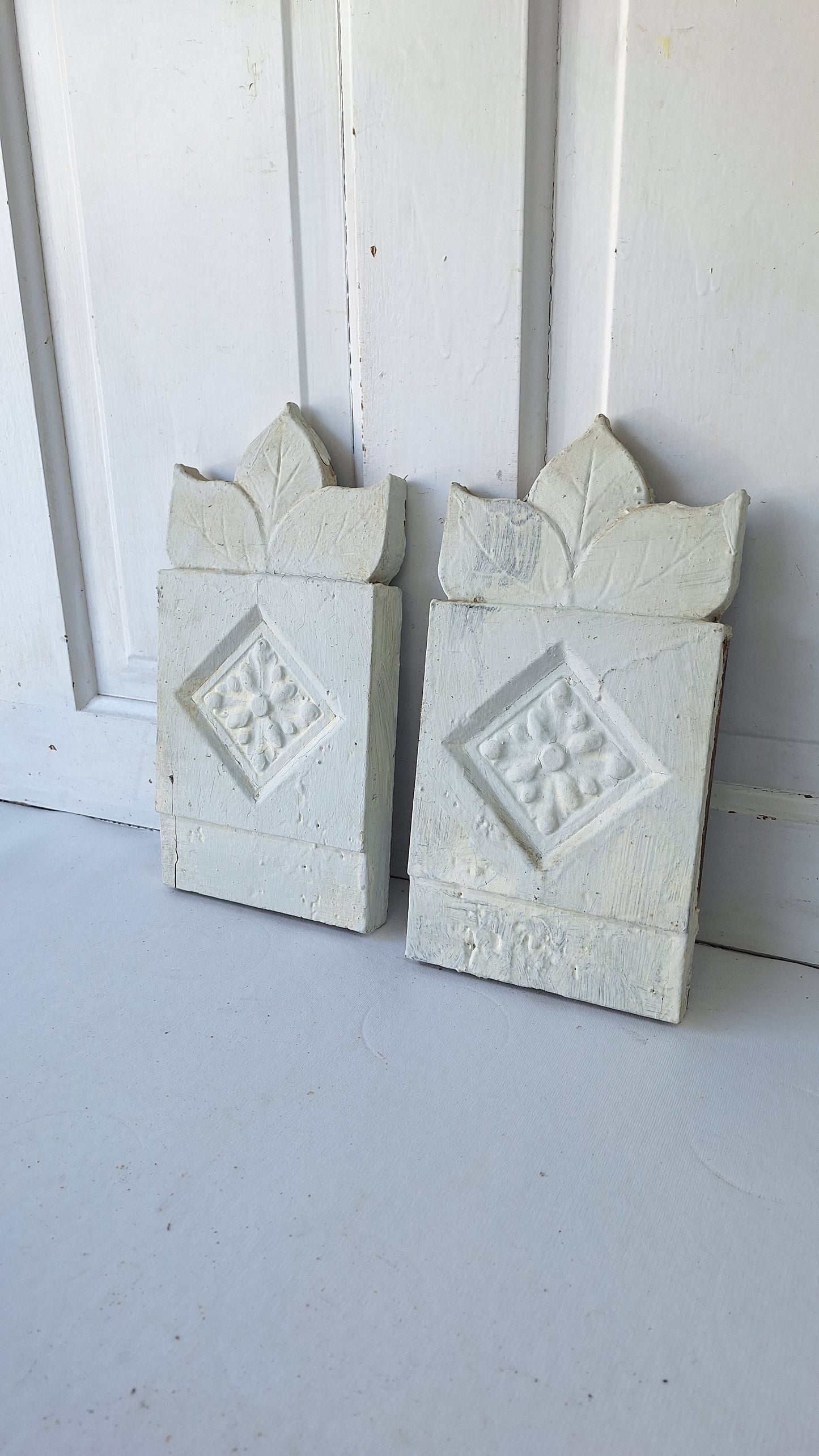 Pair of Carved Plinth Blocks, Salvaged Wood Base Trim Moldings