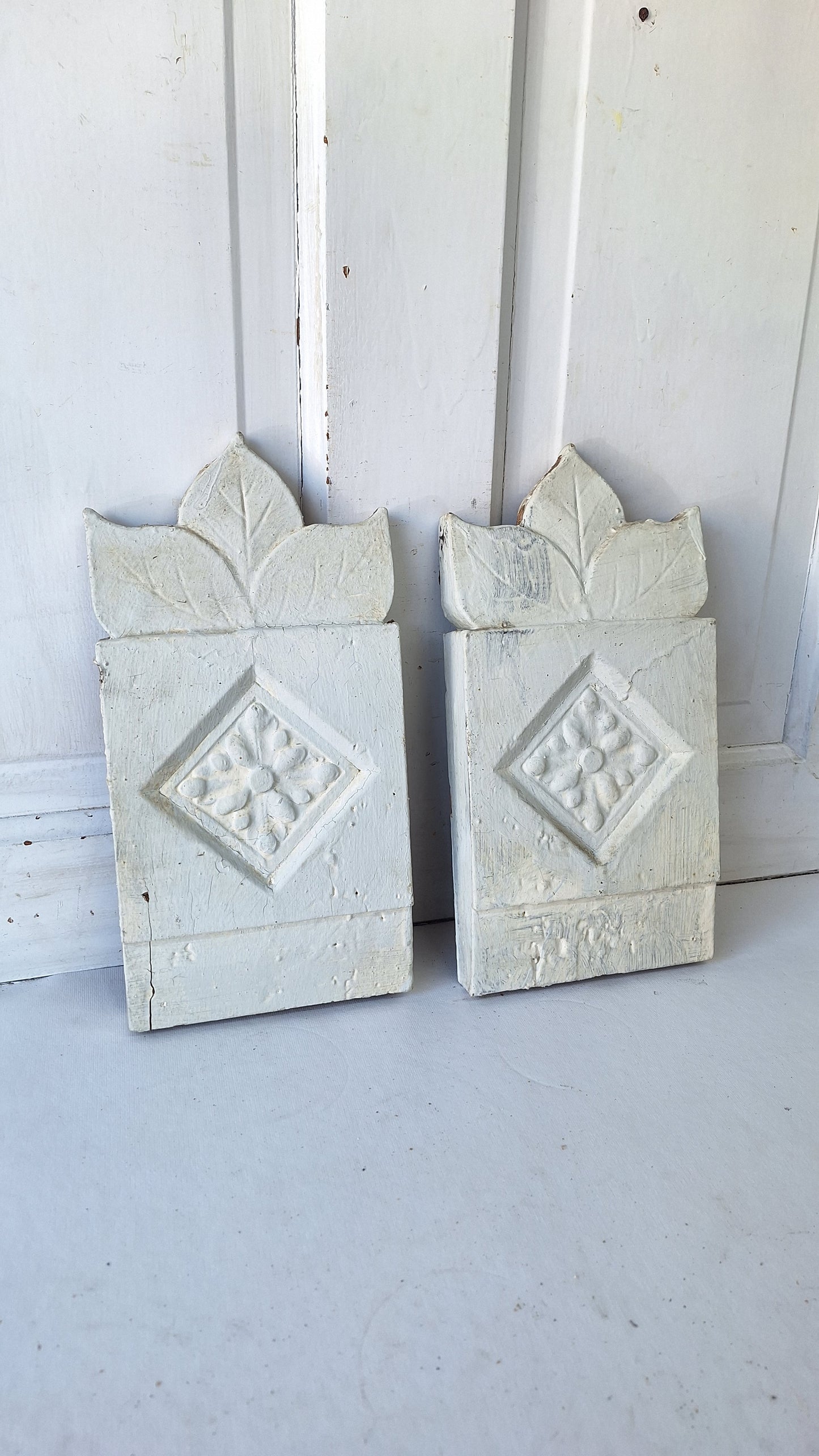 Pair of Carved Plinth Blocks, Salvaged Wood Base Trim Moldings