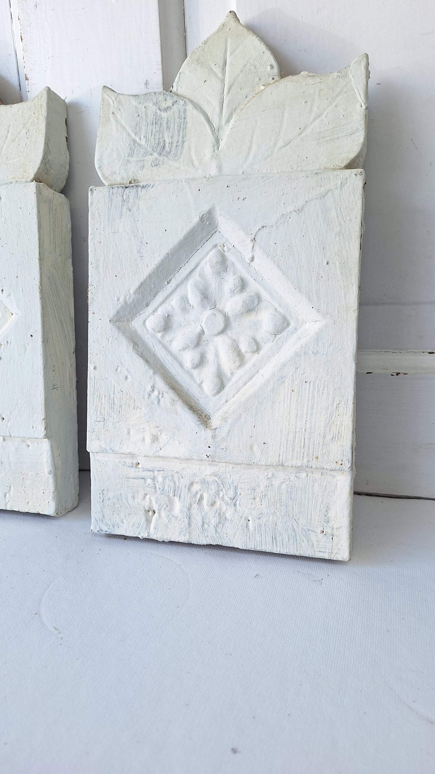 Pair of Carved Plinth Blocks, Salvaged Wood Base Trim Moldings