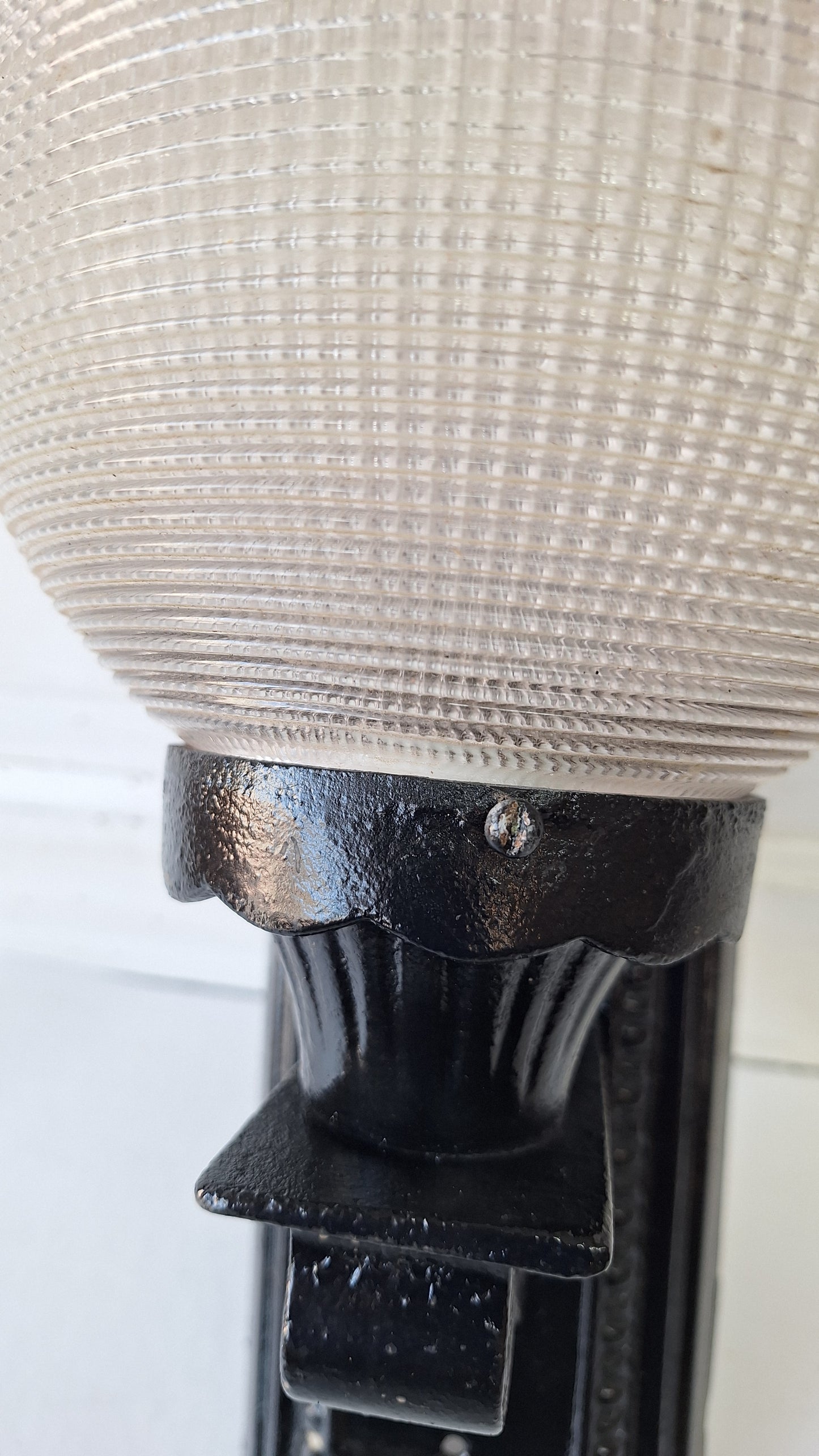 Antique Cast Iron Sconce with Ribbed Glass Globe, Exterior Wall Light