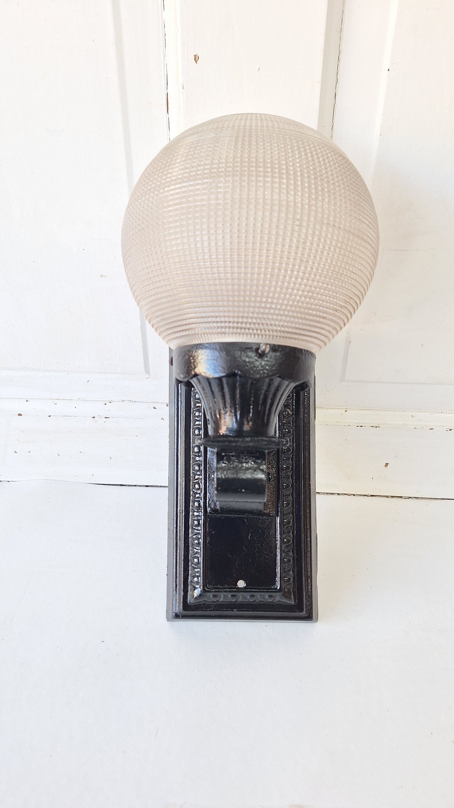 Antique Cast Iron Sconce with Ribbed Glass Globe, Exterior Wall Light