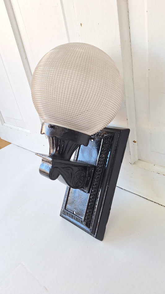 Antique Cast Iron Sconce with Ribbed Glass Globe, Exterior Wall Light