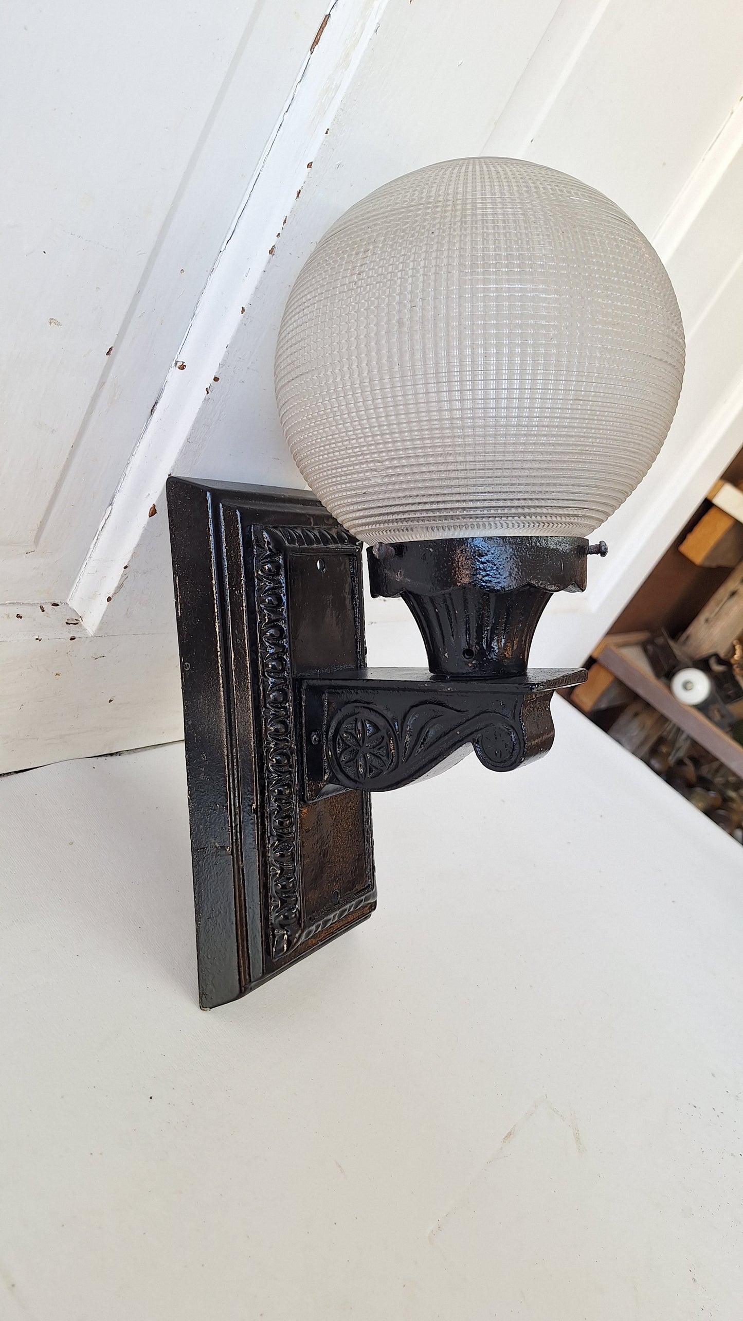 Antique Cast Iron Sconce with Ribbed Glass Globe, Exterior Wall Light