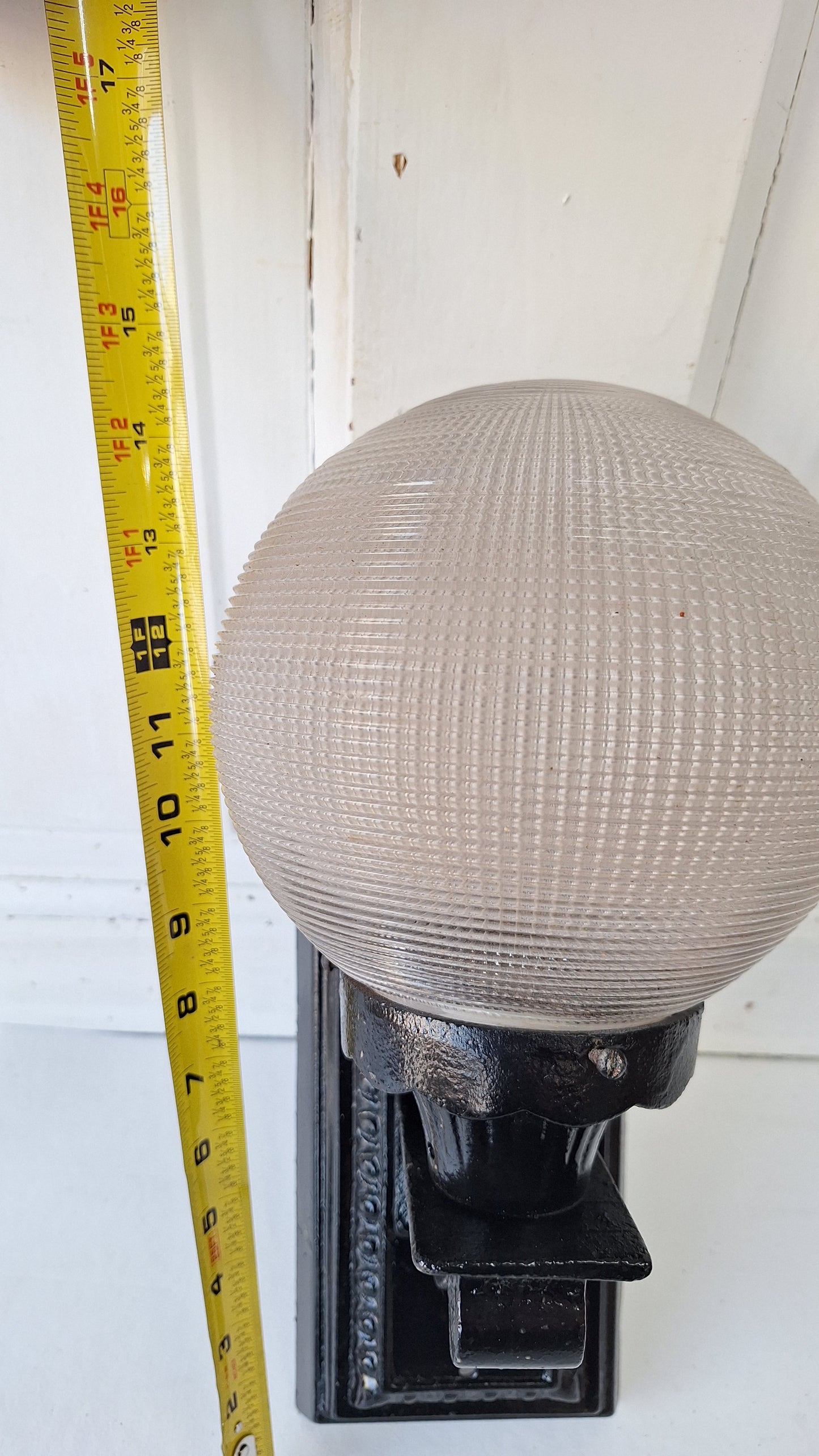 Antique Cast Iron Sconce with Ribbed Glass Globe, Exterior Wall Light