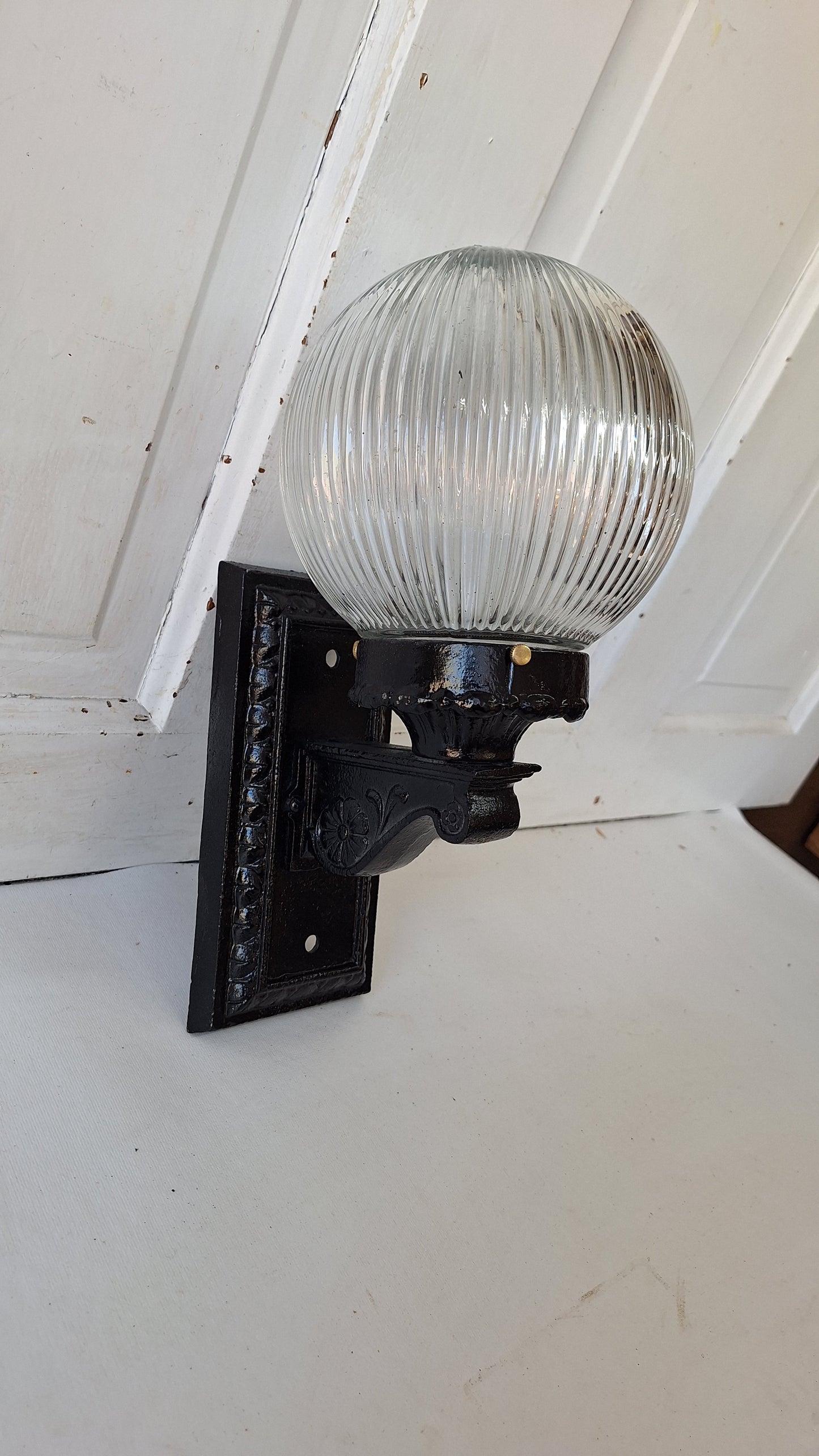 Antique Cast Iron Sconce with Ribbed Glass Globe, Exterior Wall Light
