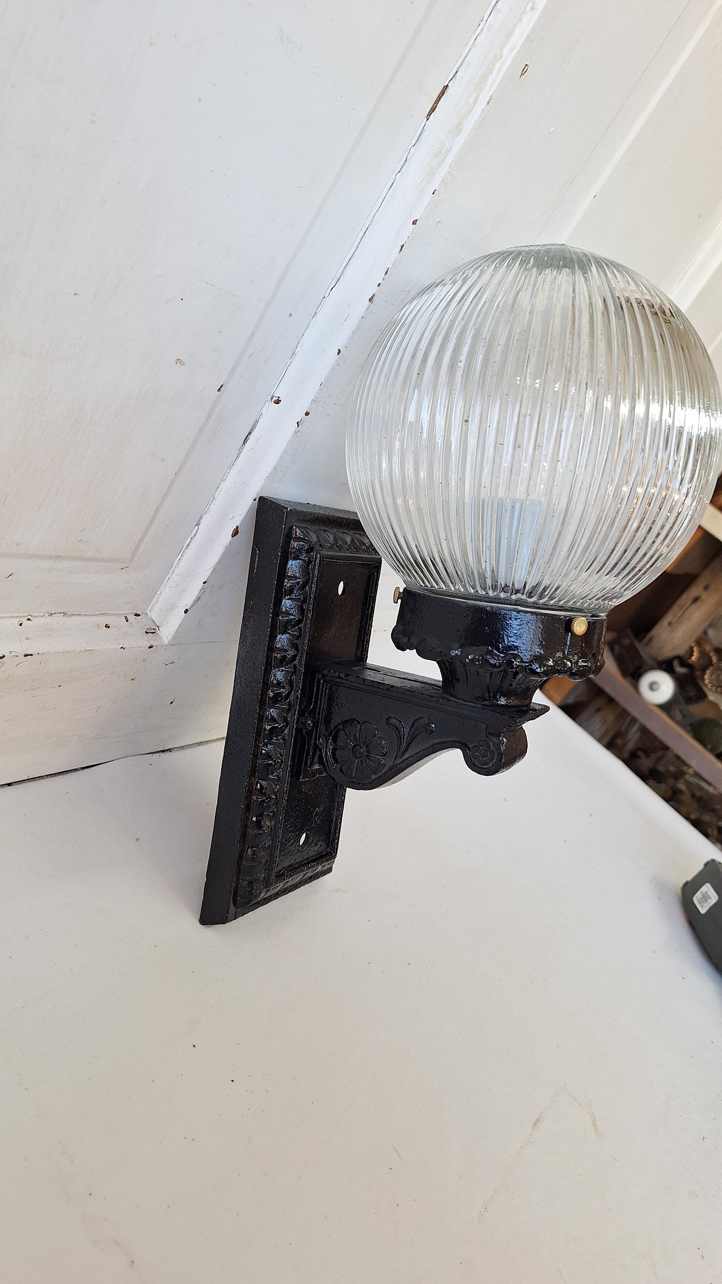 Antique Cast Iron Sconce with Ribbed Glass Globe, Exterior Wall Light