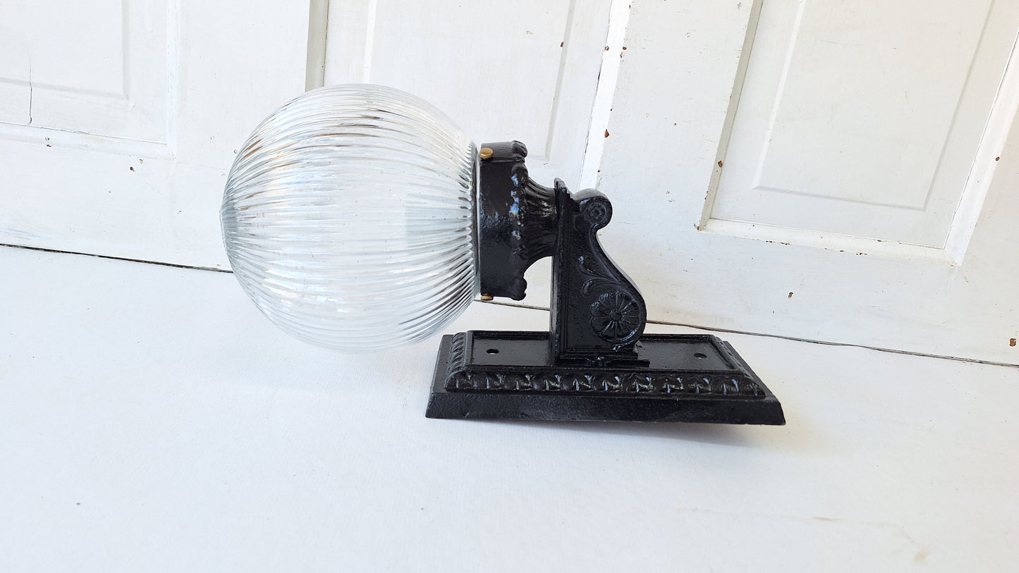 Antique Cast Iron Sconce with Ribbed Glass Globe, Exterior Wall Light