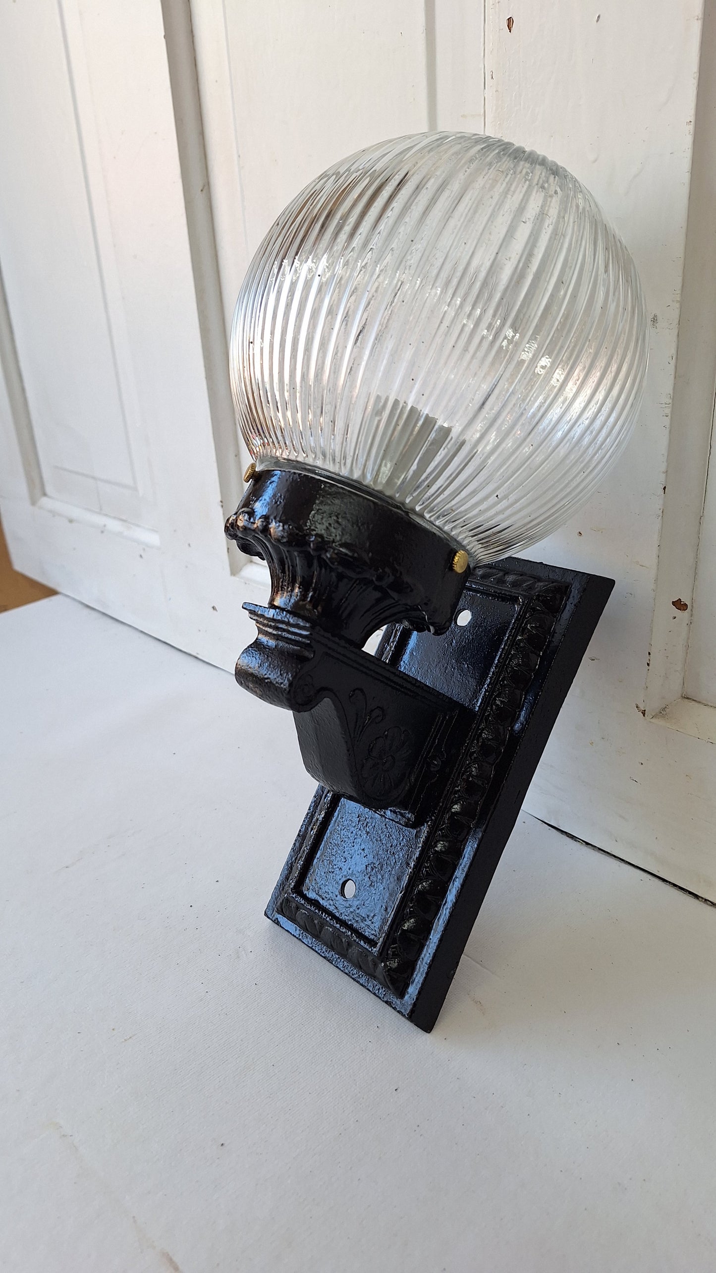 Antique Cast Iron Sconce with Ribbed Glass Globe, Exterior Wall Light