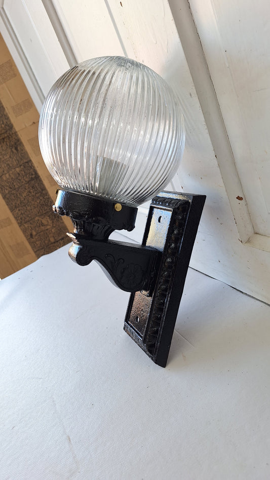 Antique Cast Iron Sconce with Ribbed Glass Globe, Exterior Wall Light