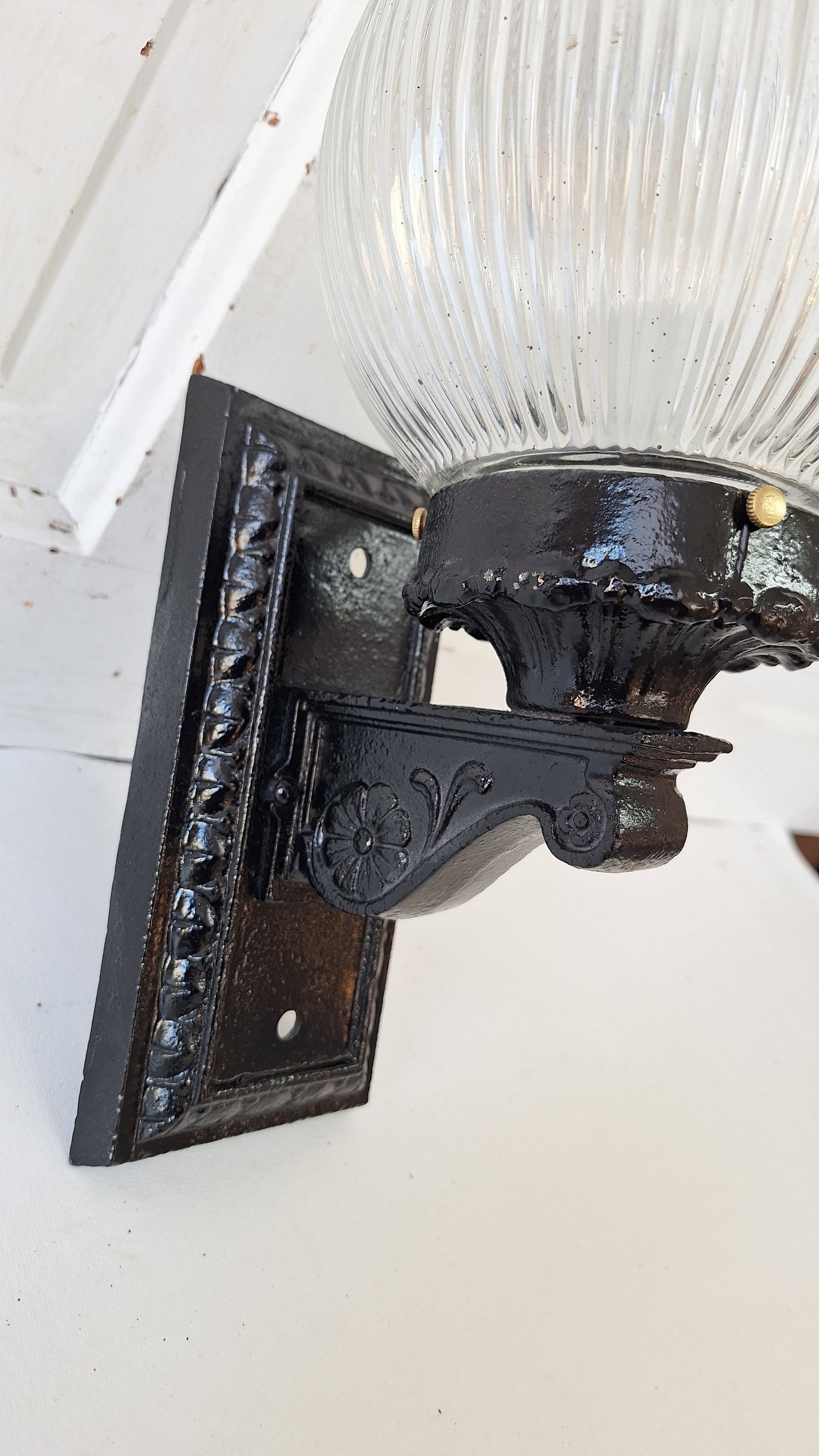 Antique Cast Iron Sconce with Ribbed Glass Globe, Exterior Wall Light