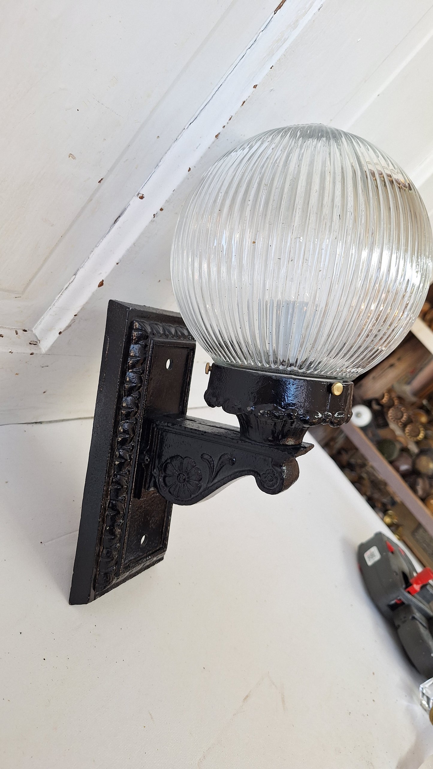 Antique Cast Iron Sconce with Ribbed Glass Globe, Exterior Wall Light