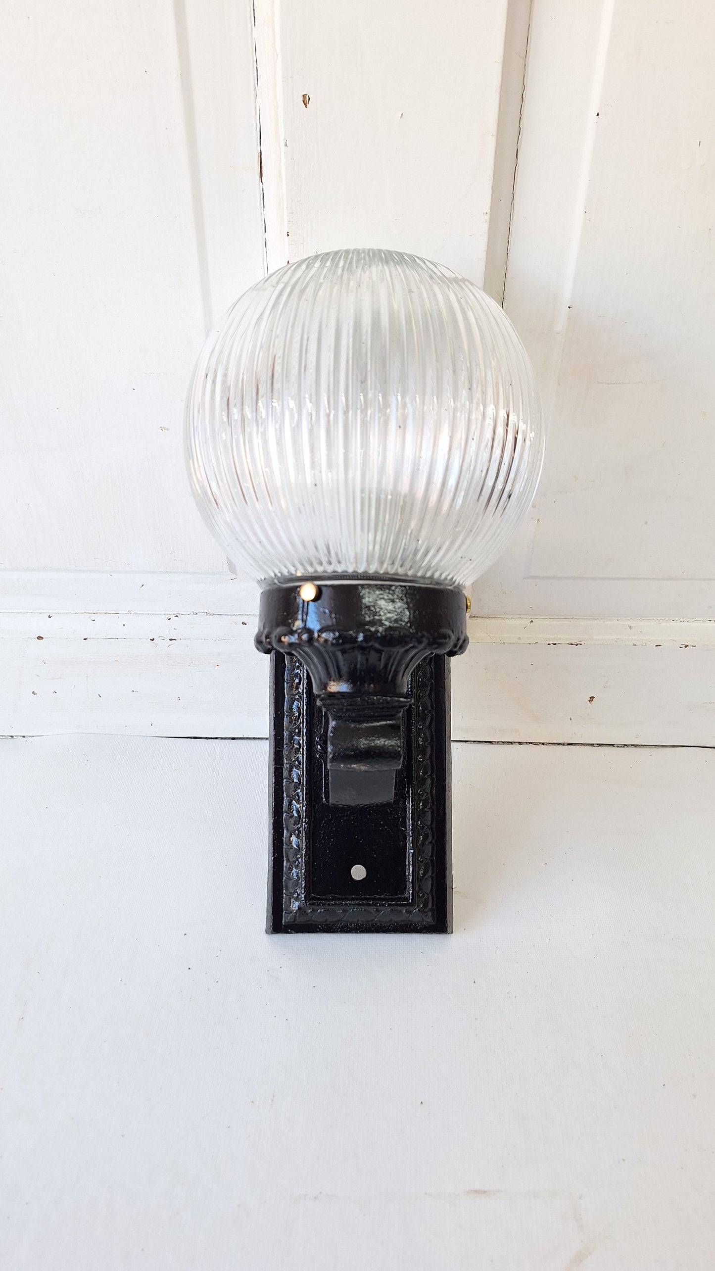 Antique Cast Iron Sconce with Ribbed Glass Globe, Exterior Wall Light
