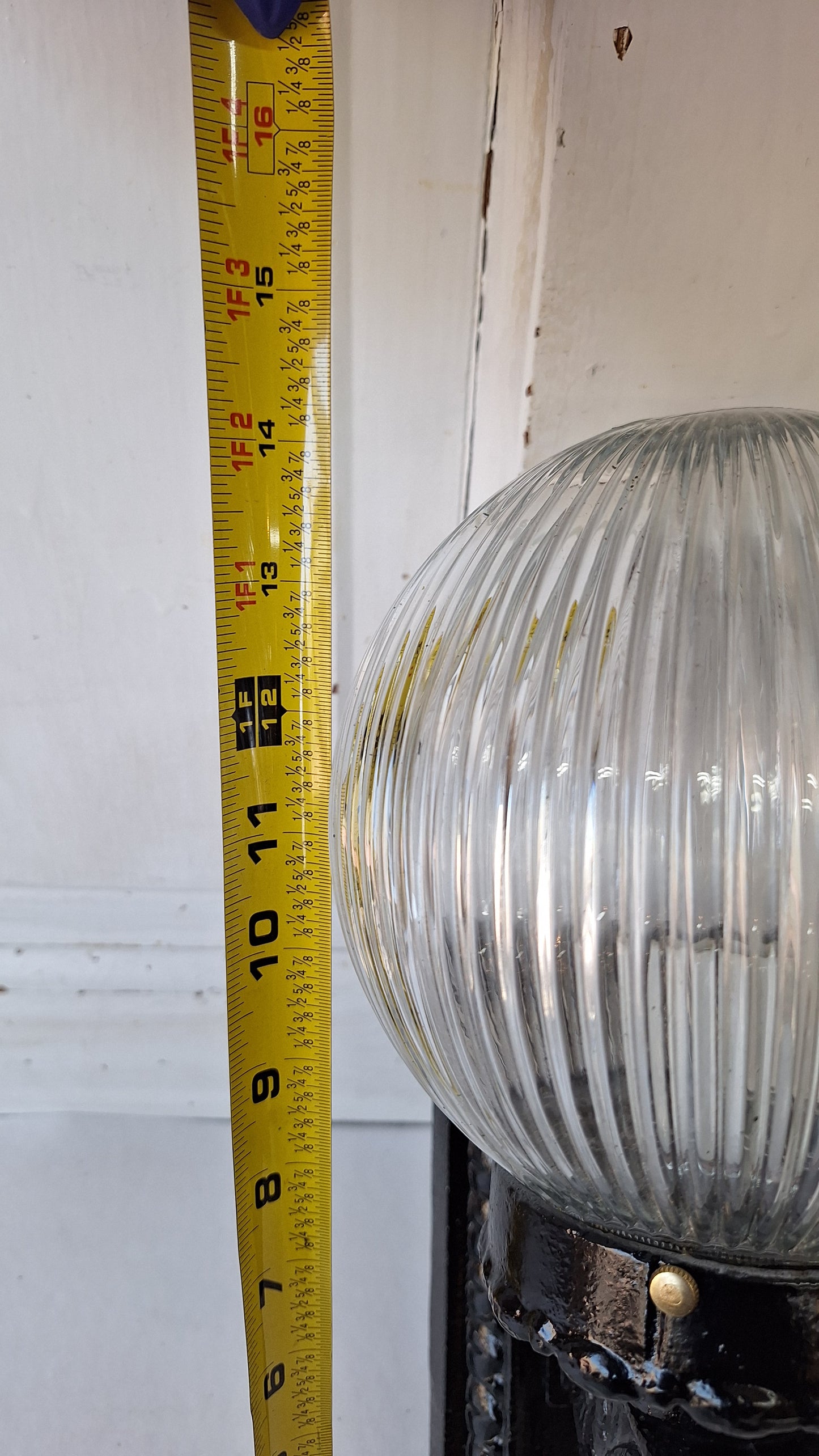 Antique Cast Iron Sconce with Ribbed Glass Globe, Exterior Wall Light