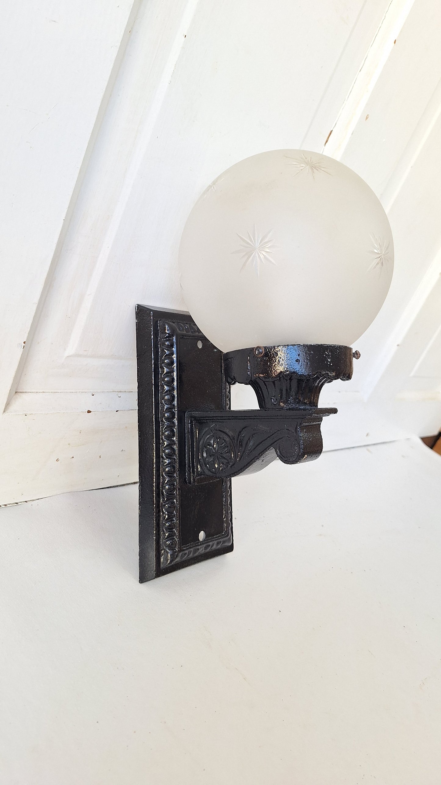 Antique Cast Iron Sconce with Cut Glass Globe, Exterior Wall Light