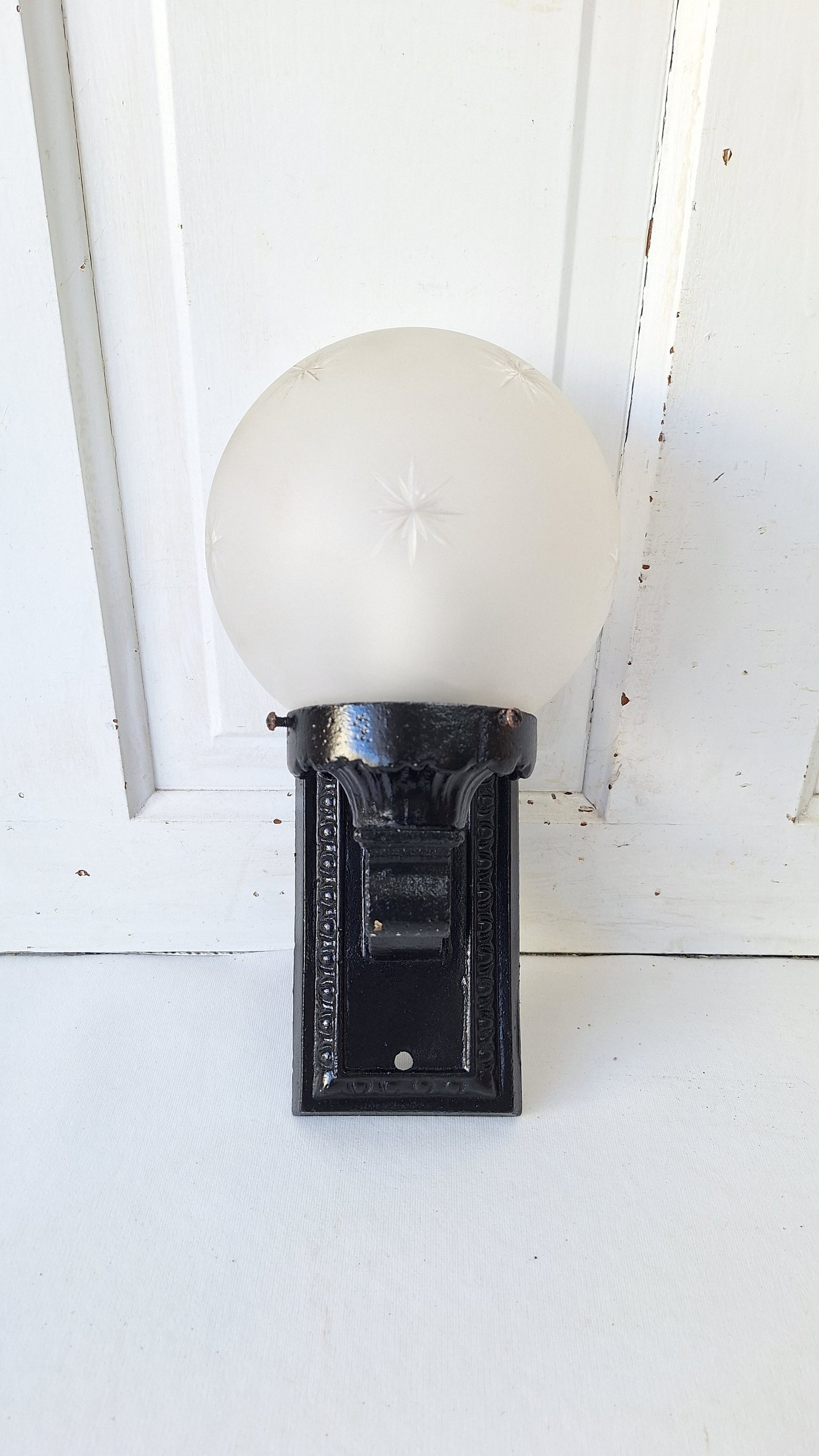 Antique Cast Iron Sconce with Cut Glass Globe, Exterior Wall Light