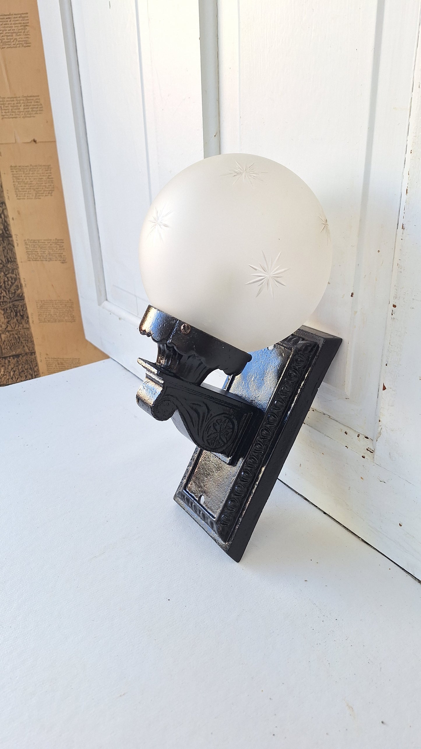 Antique Cast Iron Sconce with Cut Glass Globe, Exterior Wall Light