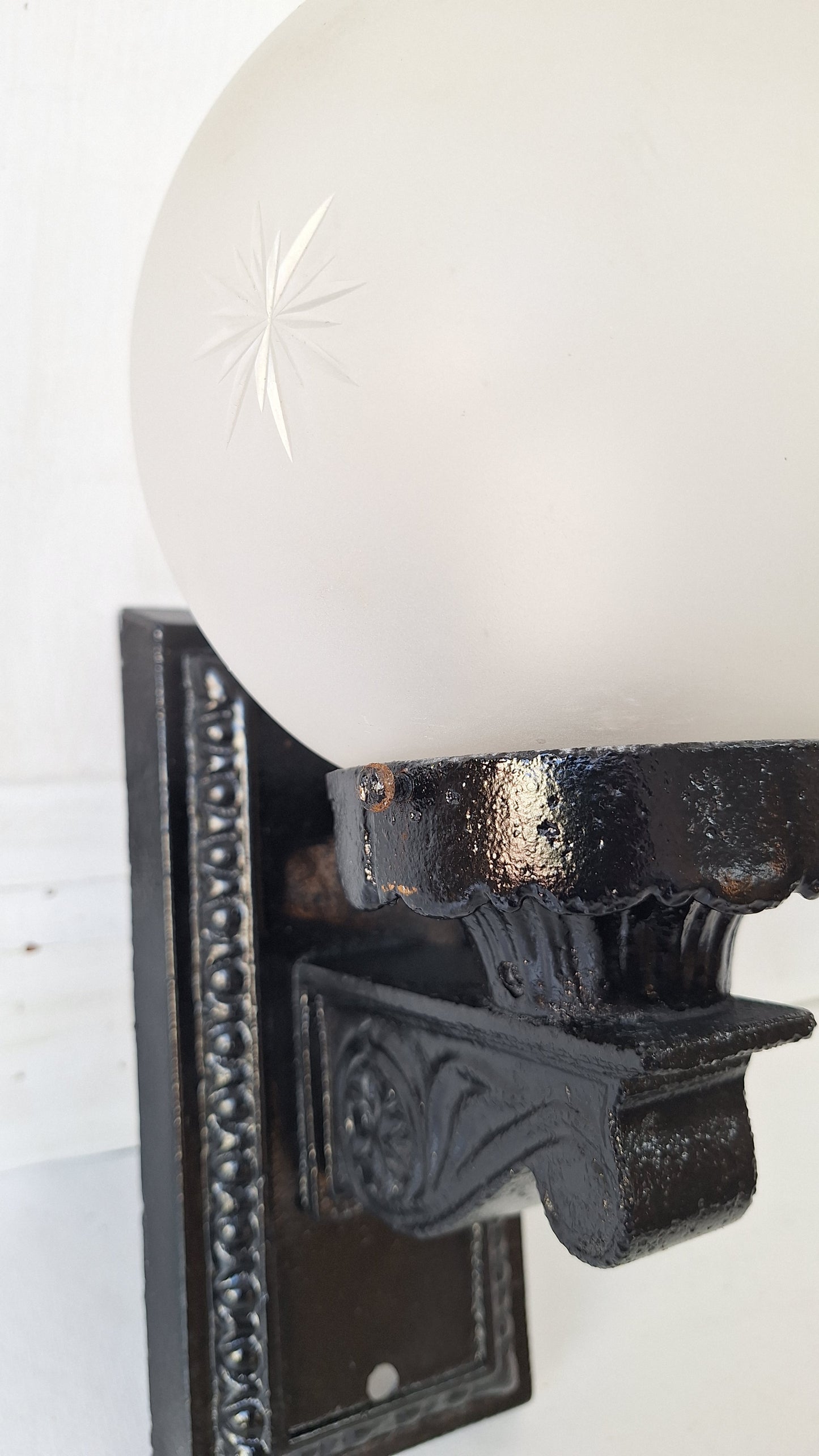 Antique Cast Iron Sconce with Cut Glass Globe, Exterior Wall Light