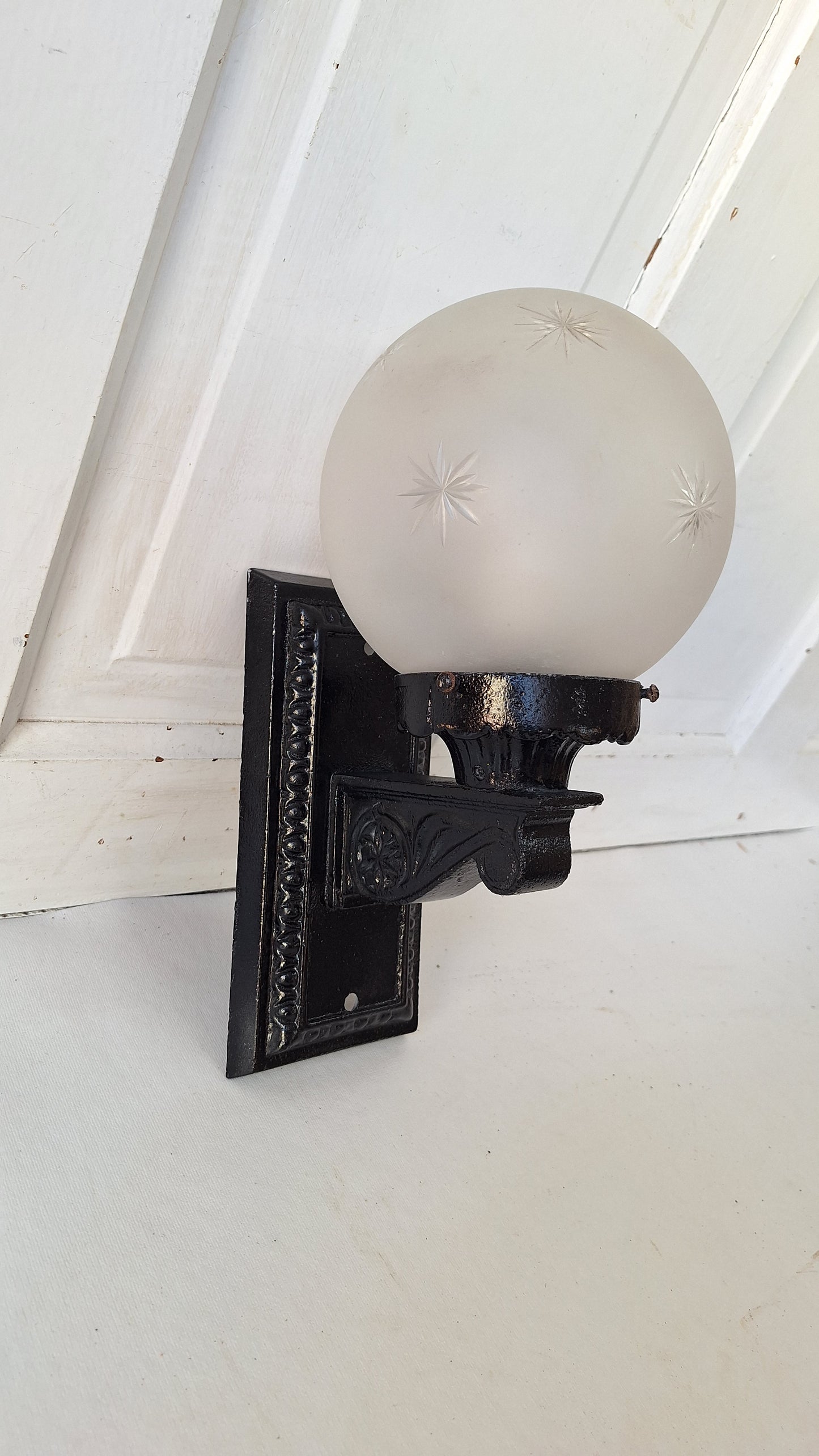 Antique Cast Iron Sconce with Cut Glass Globe, Exterior Wall Light