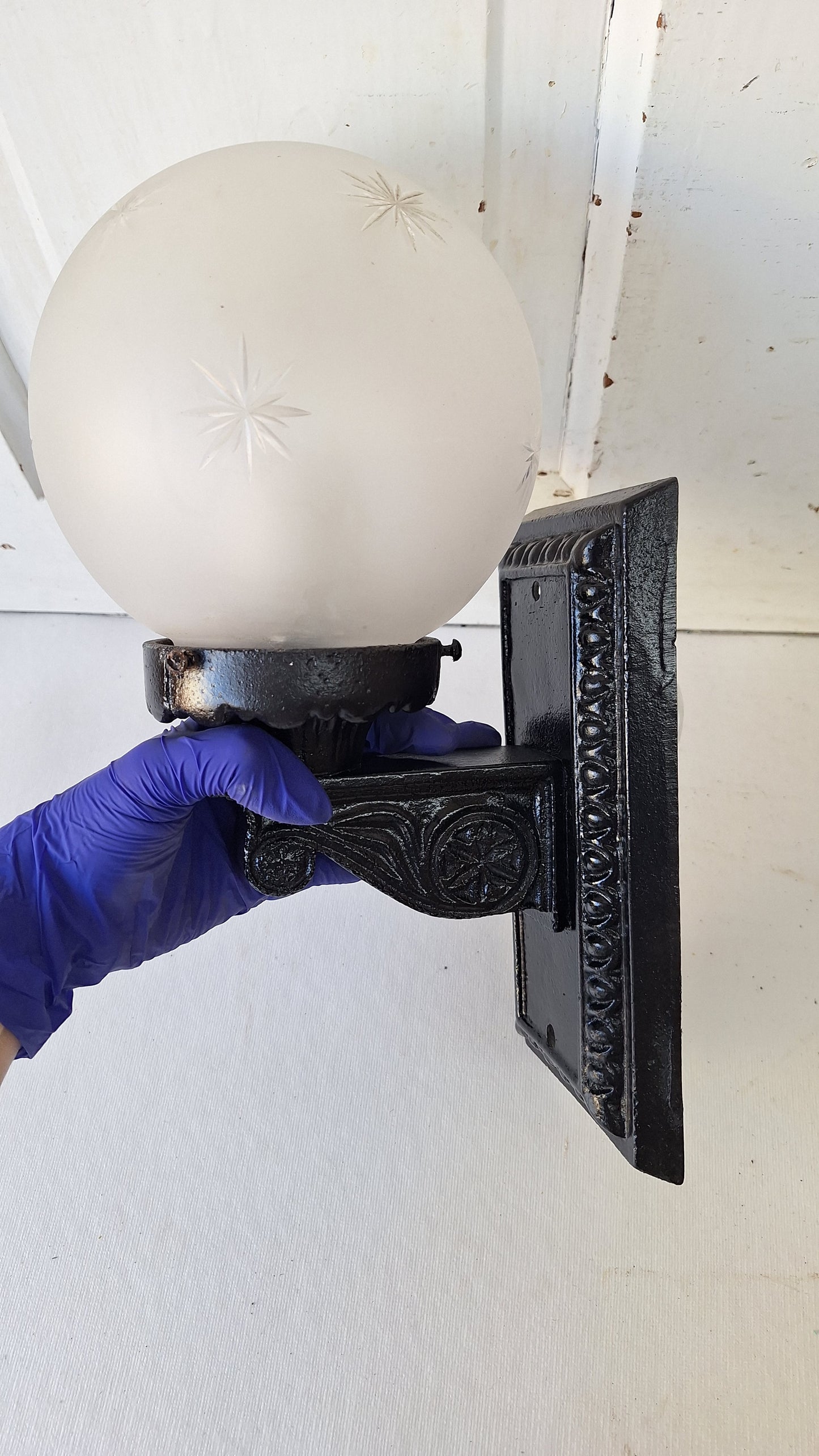 Antique Cast Iron Sconce with Cut Glass Globe, Exterior Wall Light