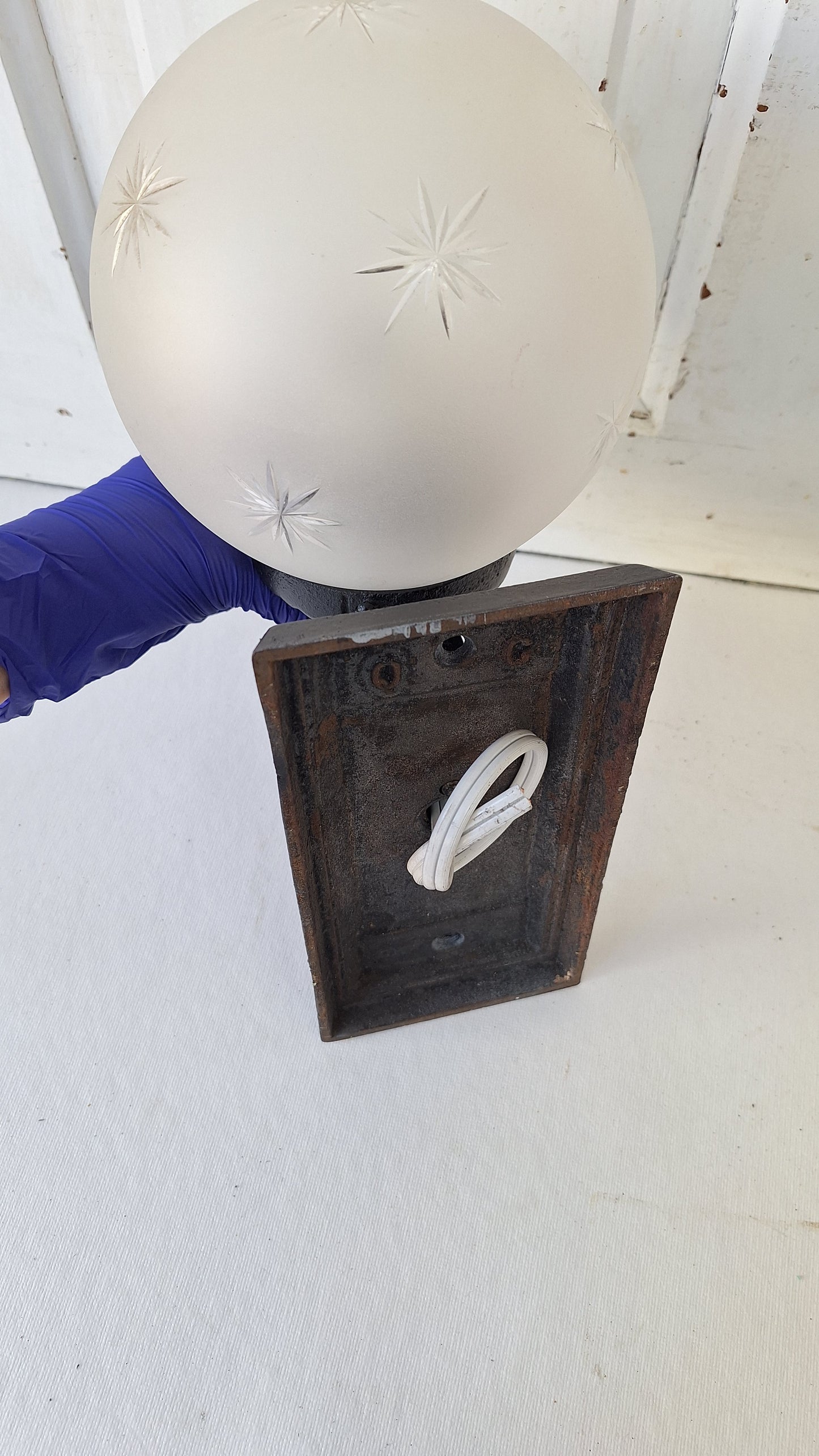 Antique Cast Iron Sconce with Cut Glass Globe, Exterior Wall Light