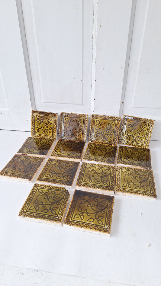 Victorian Floral Fireplace Tiles: Antique Green Glaze, Set of 14