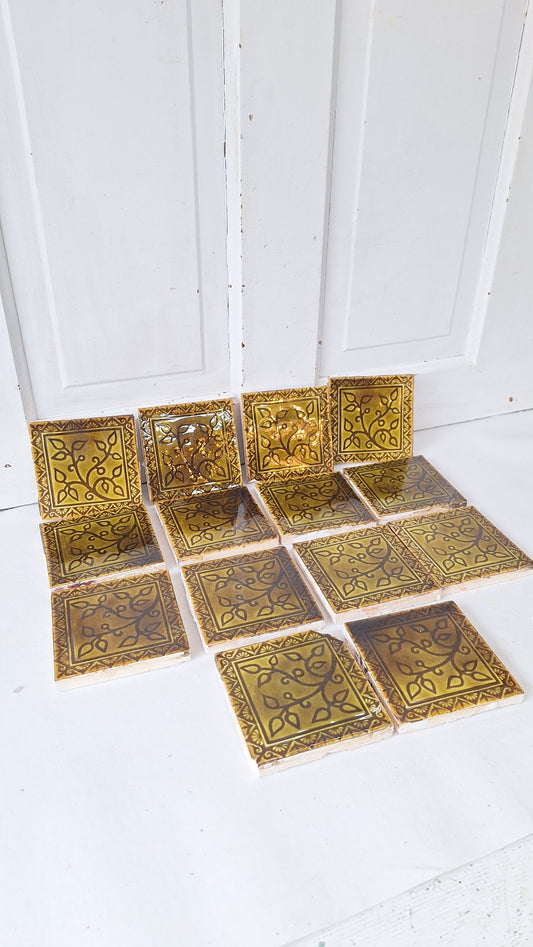 Victorian Floral Fireplace Tiles: Antique Green Glaze, Set of 14