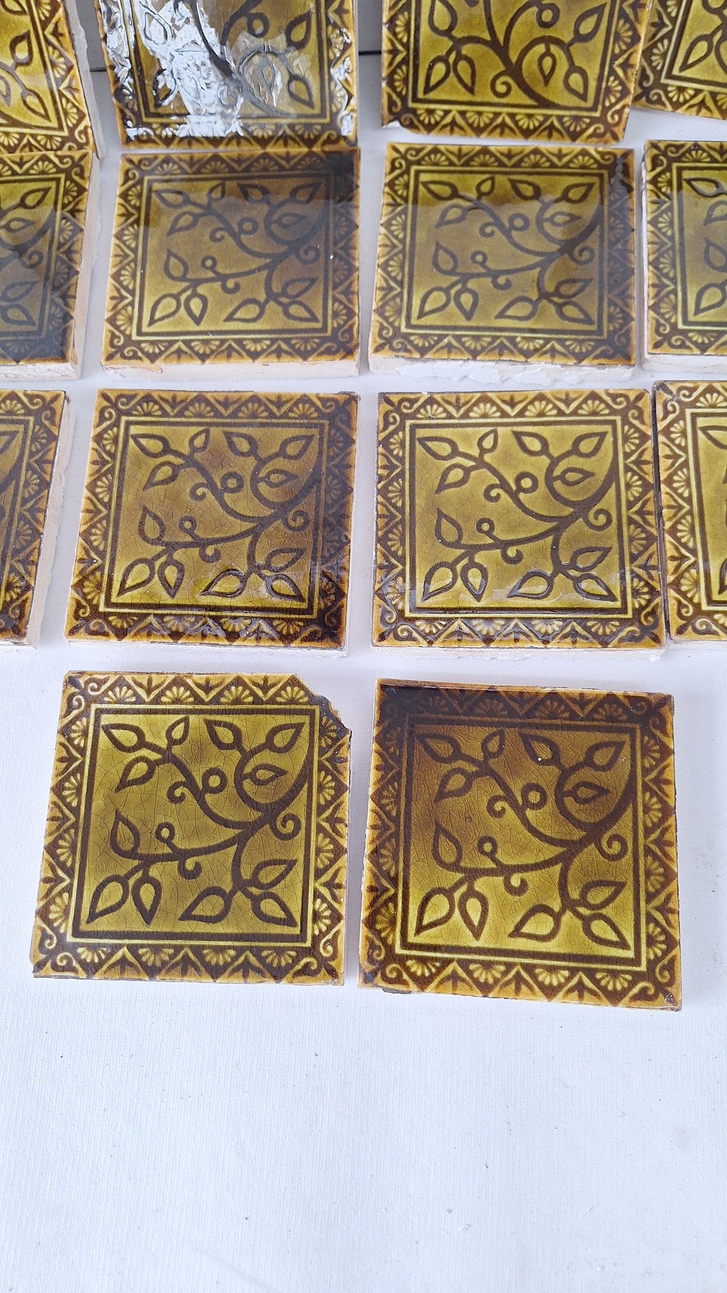Victorian Floral Fireplace Tiles: Antique Green Glaze, Set of 14
