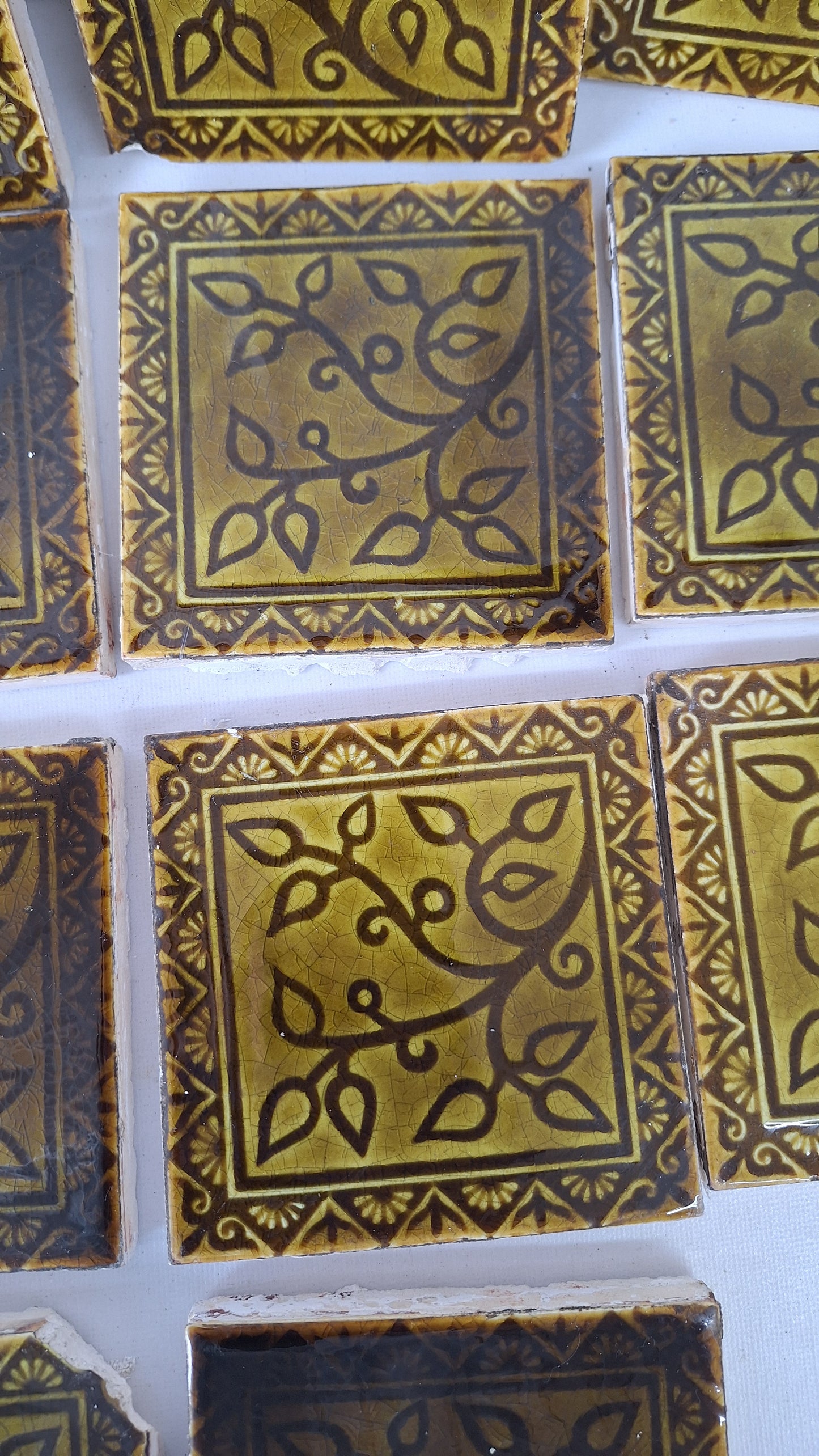 Victorian Floral Fireplace Tiles: Antique Green Glaze, Set of 14