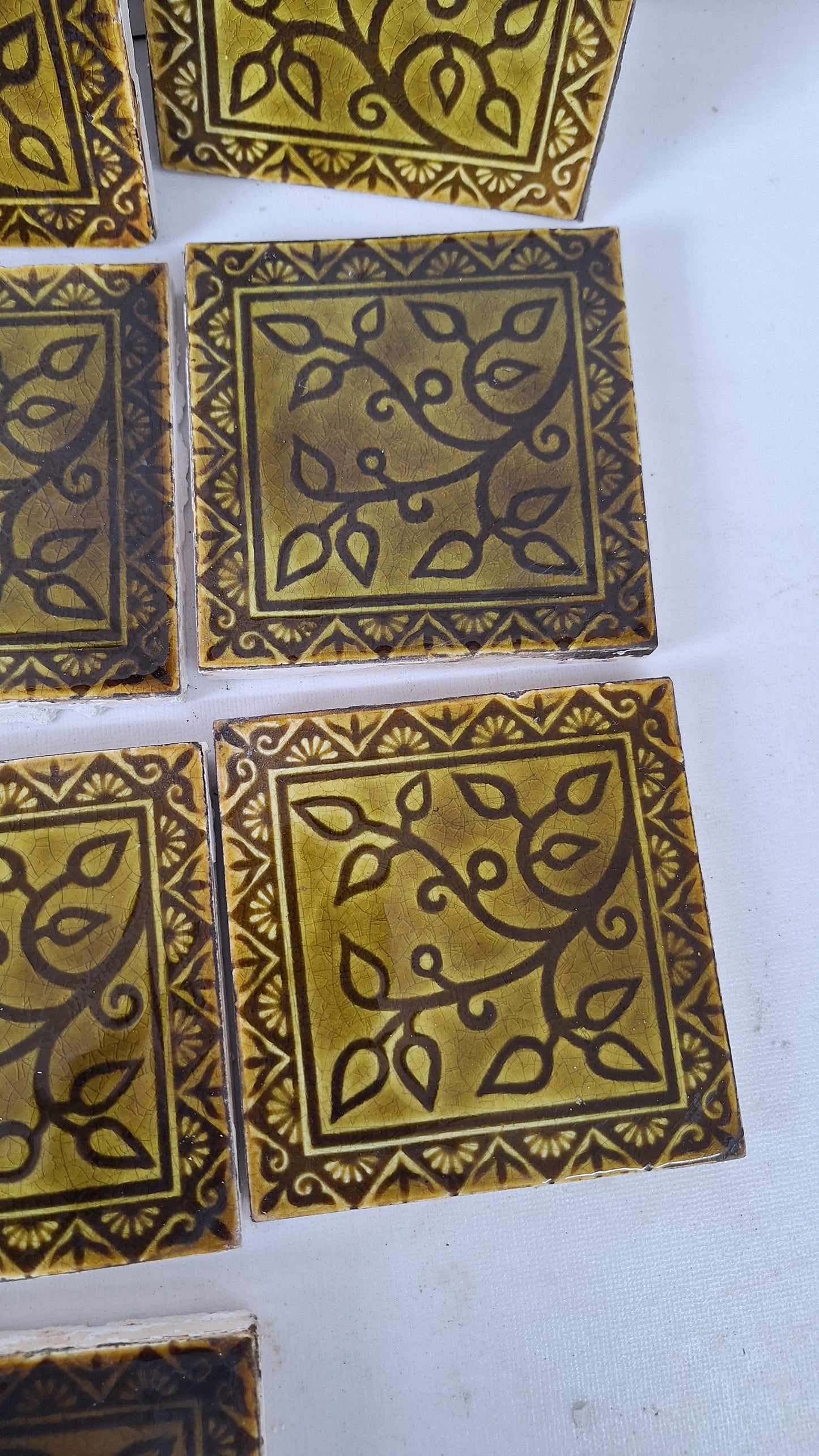 Victorian Floral Fireplace Tiles: Antique Green Glaze, Set of 14