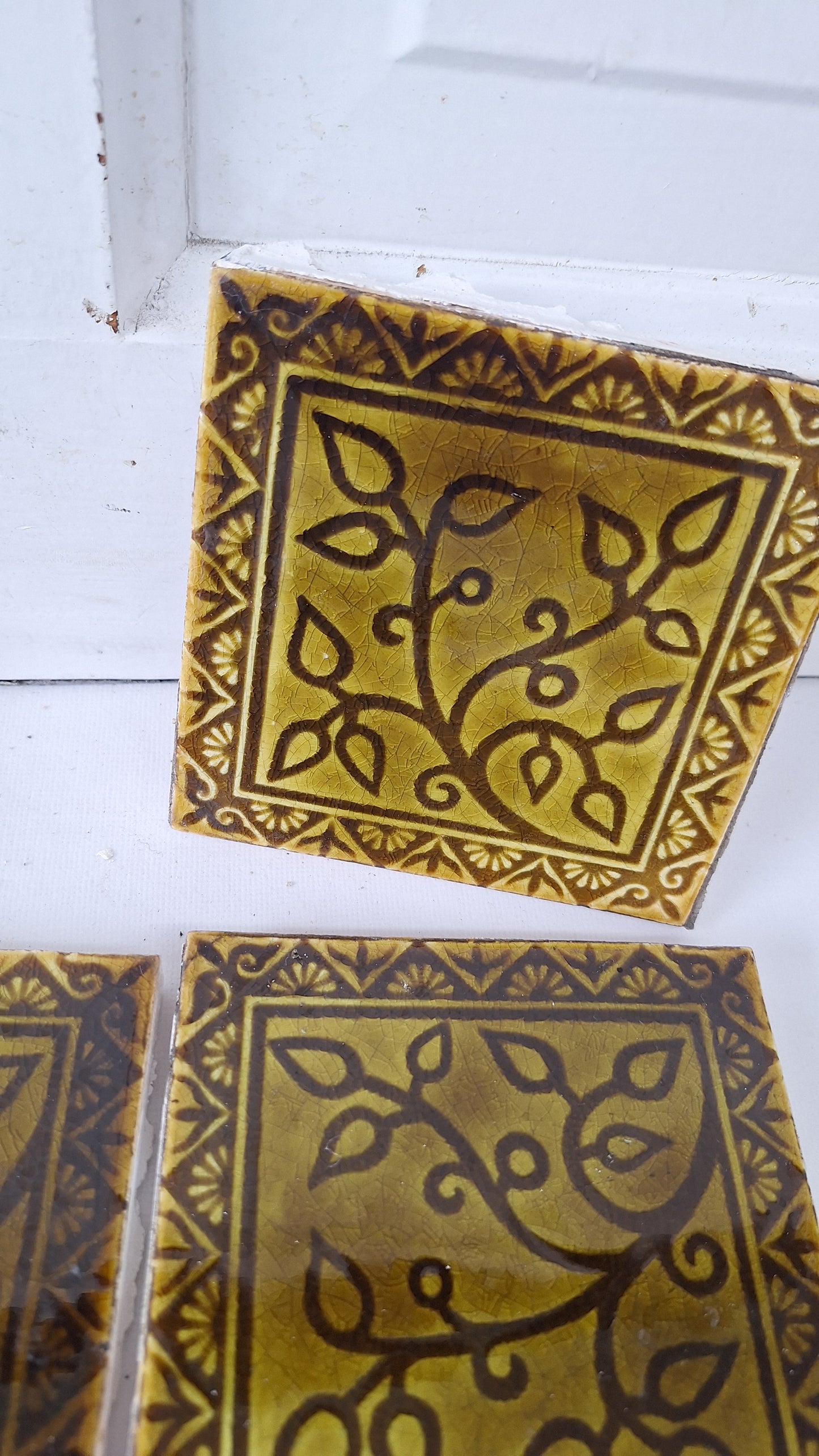 Victorian Floral Fireplace Tiles: Antique Green Glaze, Set of 14