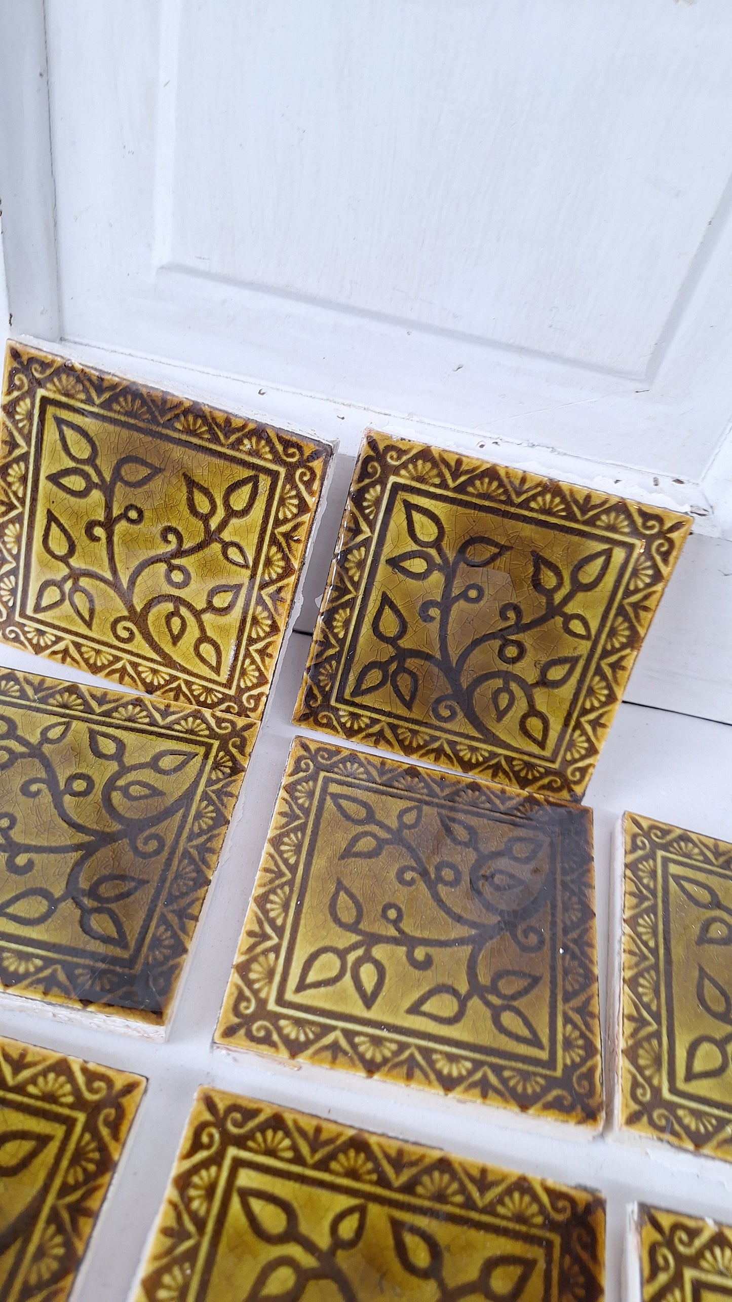 Victorian Floral Fireplace Tiles: Antique Green Glaze, Set of 14