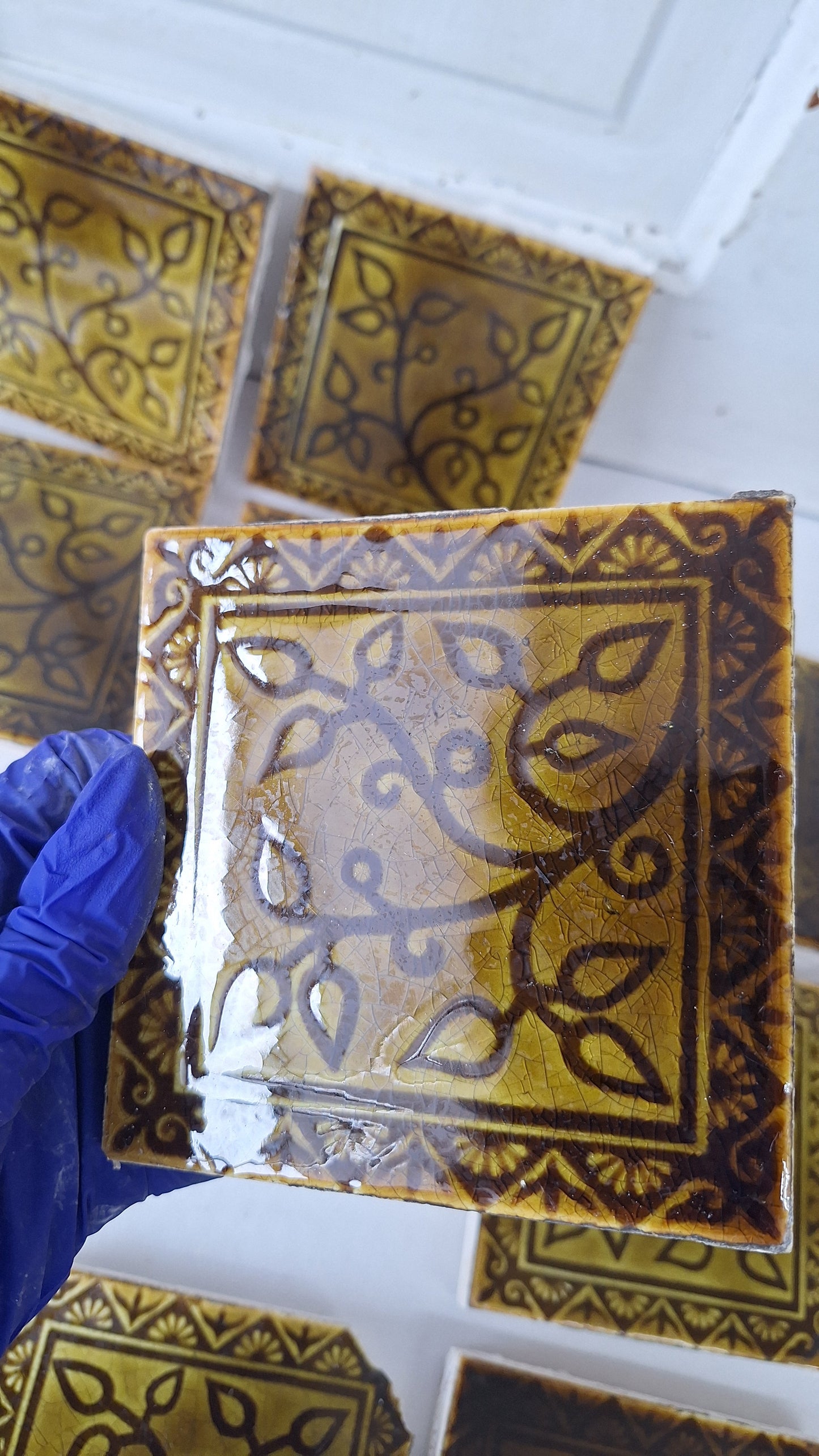 Victorian Floral Fireplace Tiles: Antique Green Glaze, Set of 14